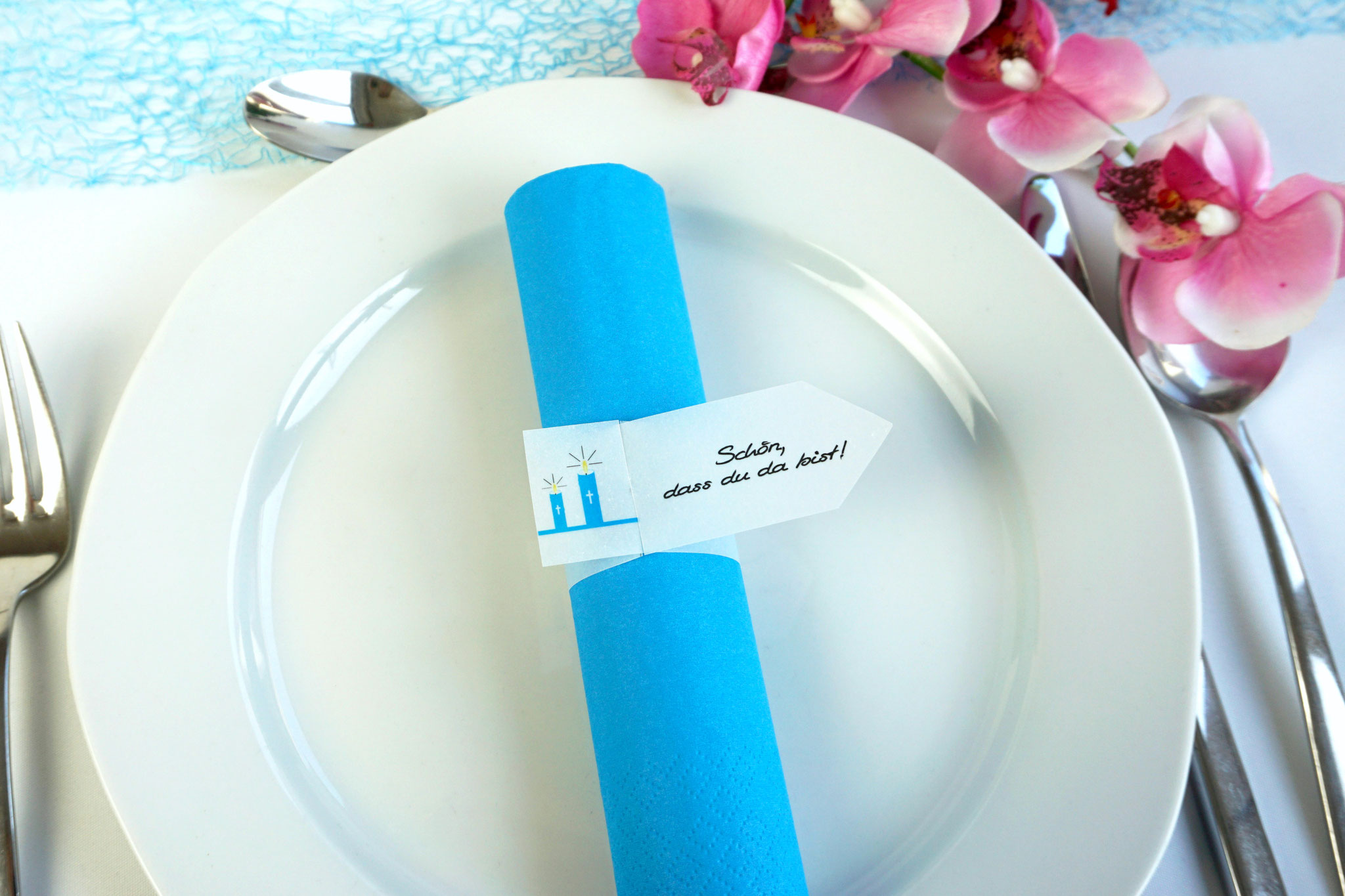 Serviettenring Design Kerzen, Farbe Aqua, Randabschluss Fahne