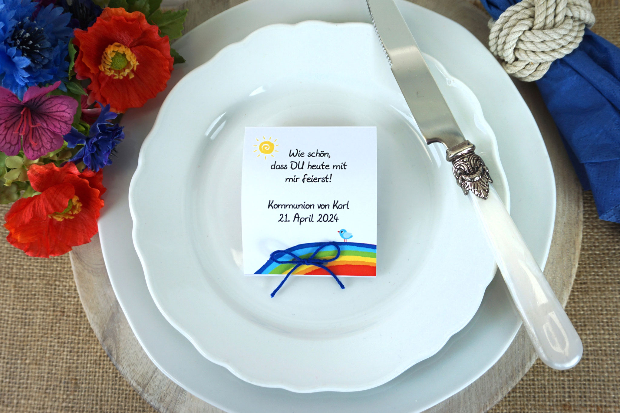 Lutscherkarte Design Regenbogen Blau mit Vögelchen - selbst befüllt