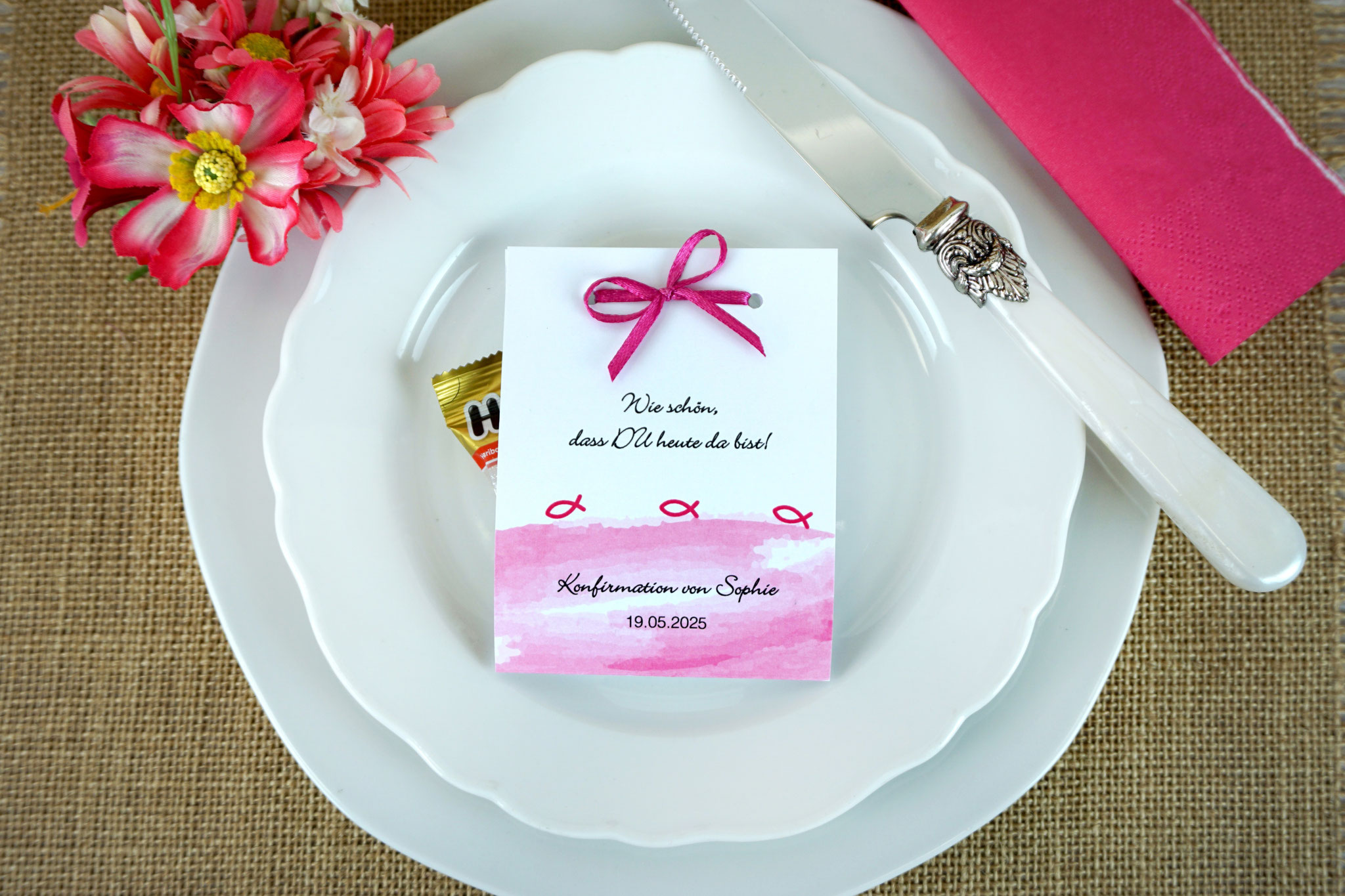 Fruchtgummikarte Design Aquarellband/Fische Pink