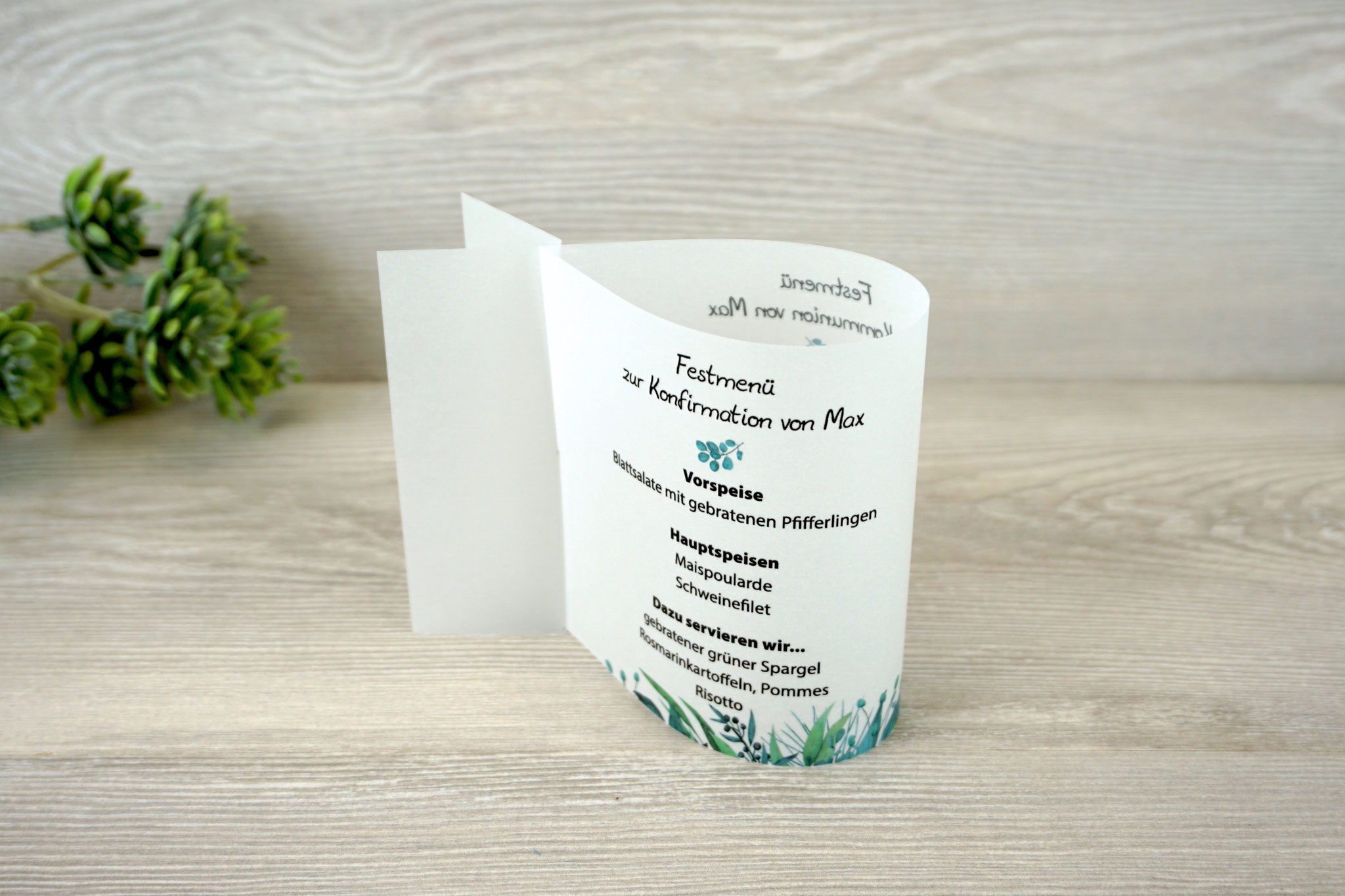 Menükarte Fischform 10,5cm, Design Eukalyptus-Liebe