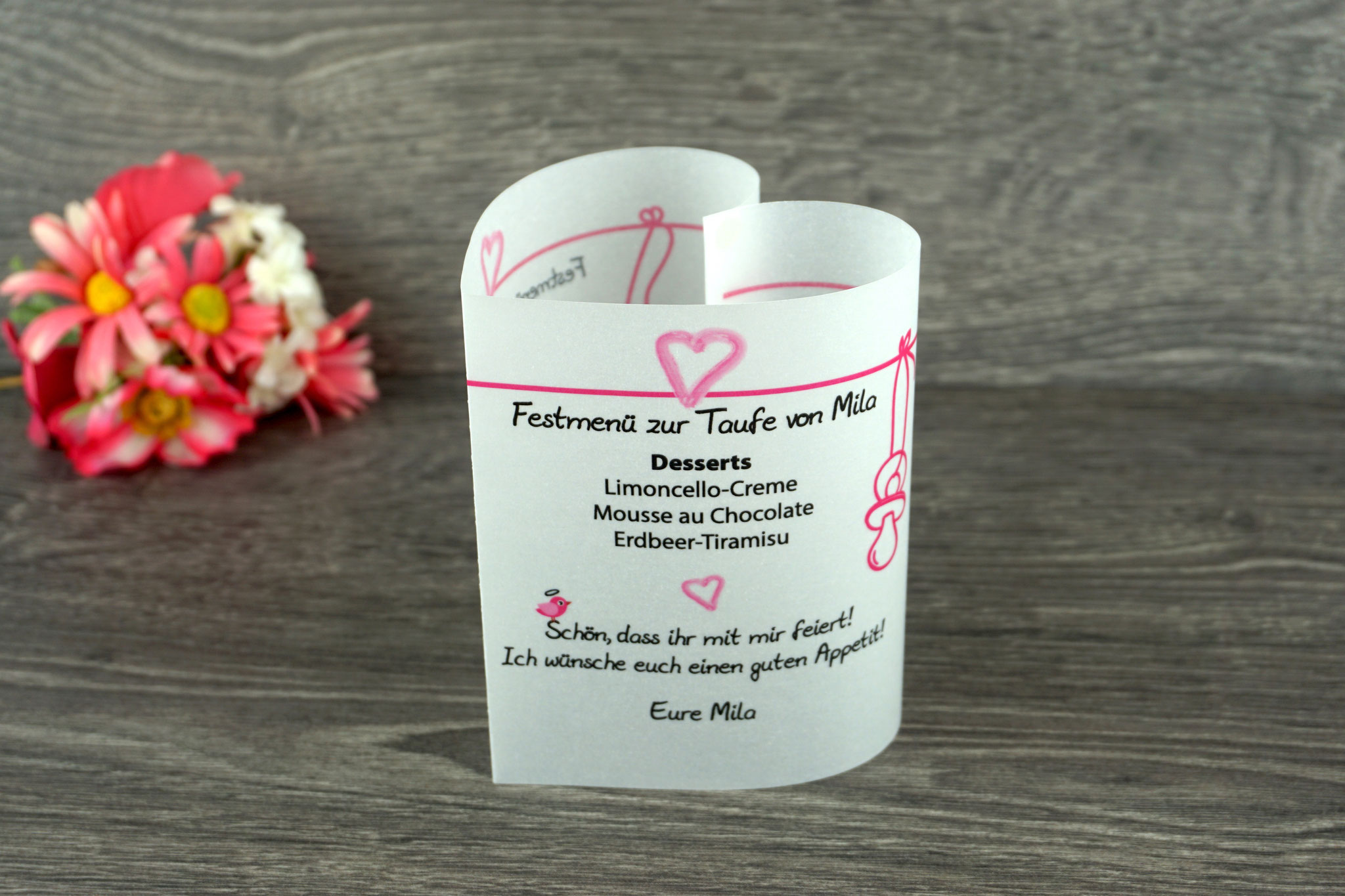 Menükarte Taufe 10,5cm, Design Aquarellherz, Farbe Pink