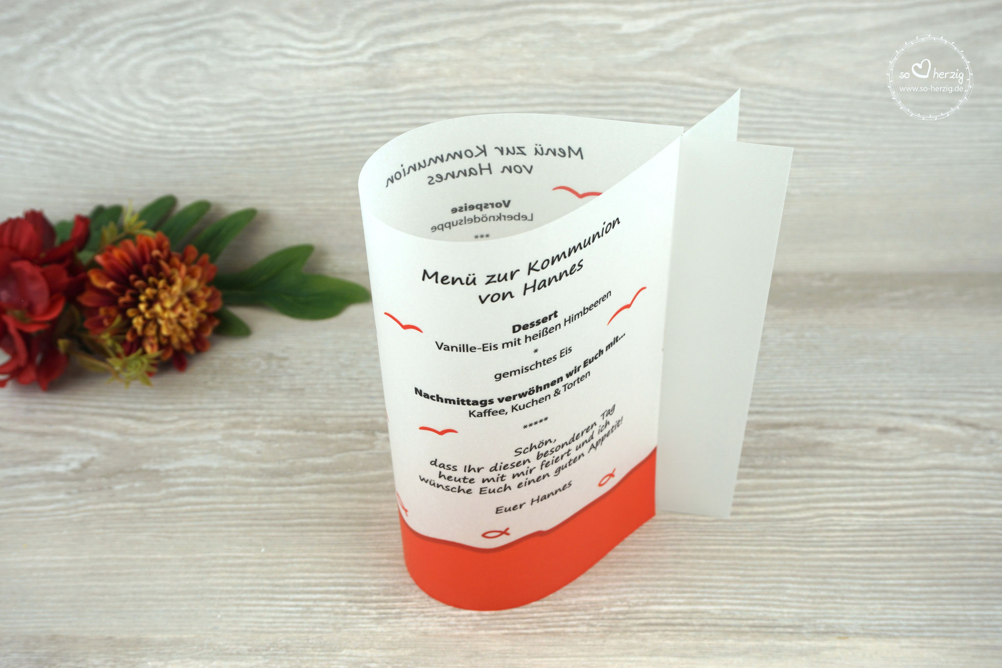Menükarte Fischform, Design Fisch Silhouette Orange - Sonderwunsch Möven