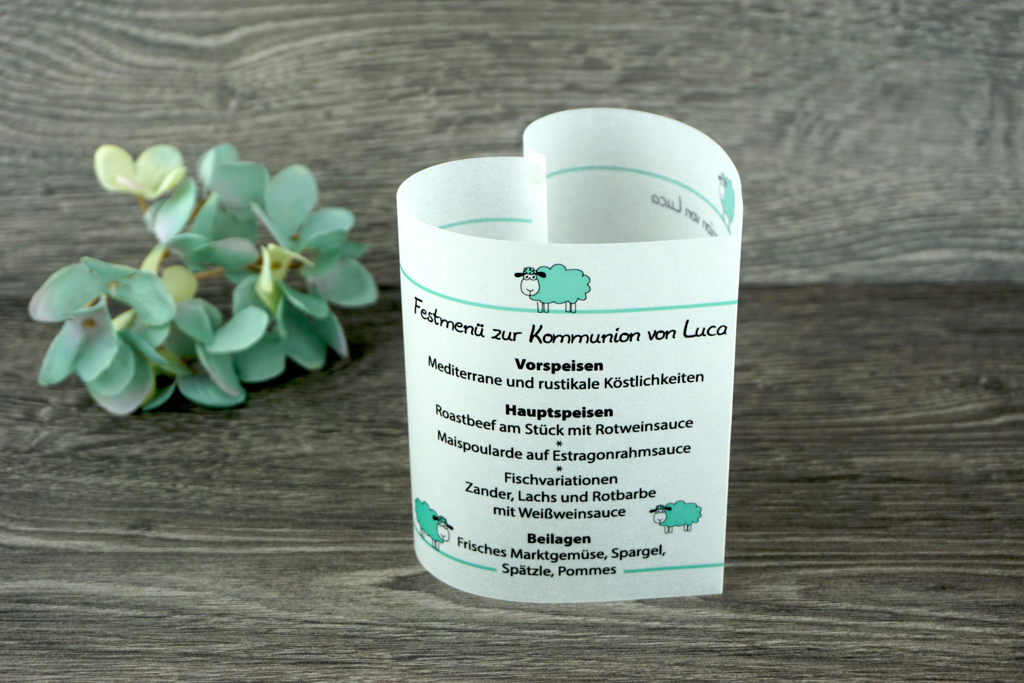 Menükarte Herzform 10,5cm, Design Schafe Mint