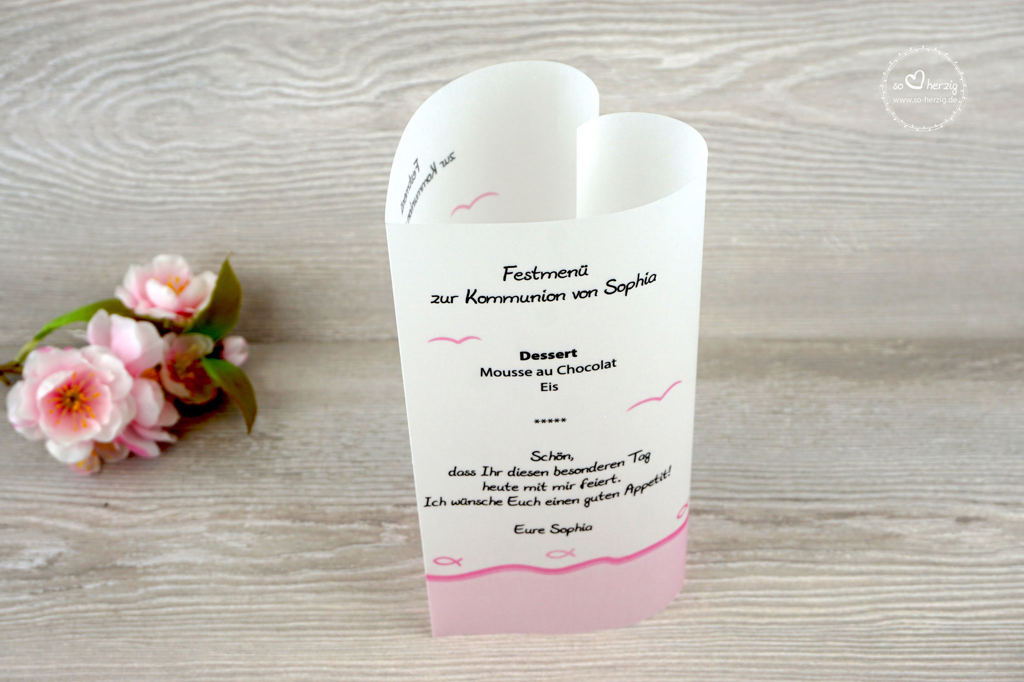 Menükarte Herzform 17cm, Design "Fisch Silhouette", Farbe Rosa