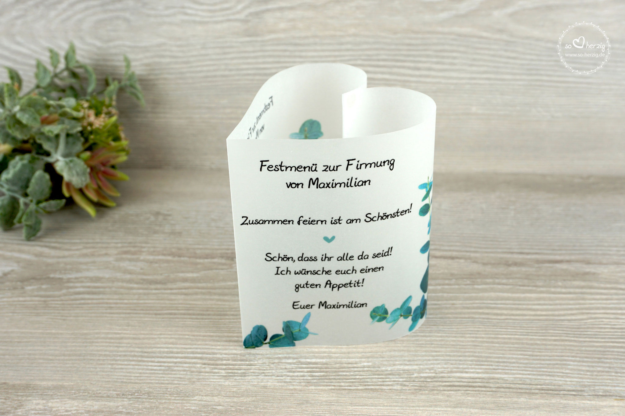 Menükarte Herzform 10,5cm, Design Eukalyptus