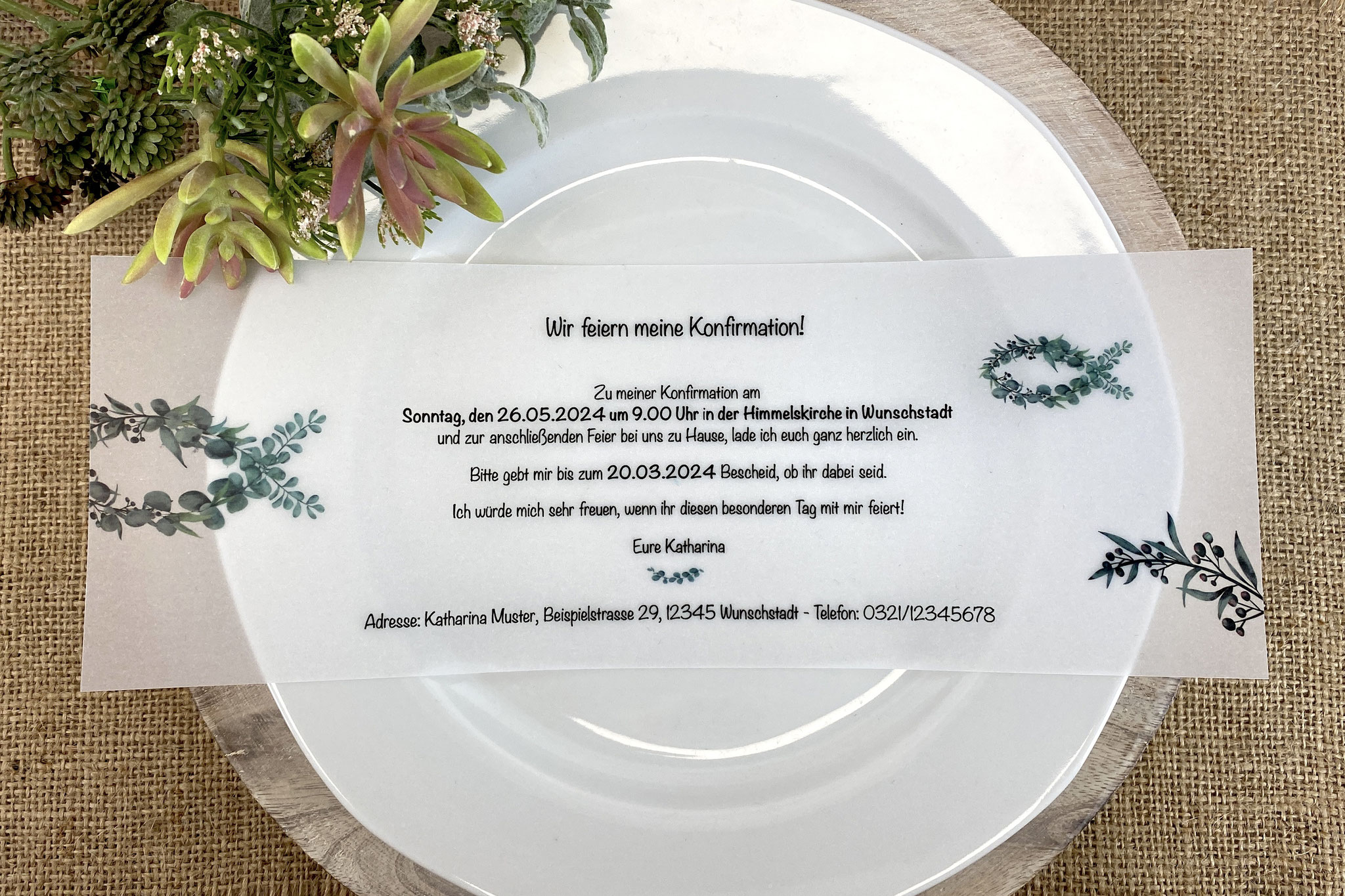 Design Eukalyptus-Fisch - Einladungskarte Textbeispiel