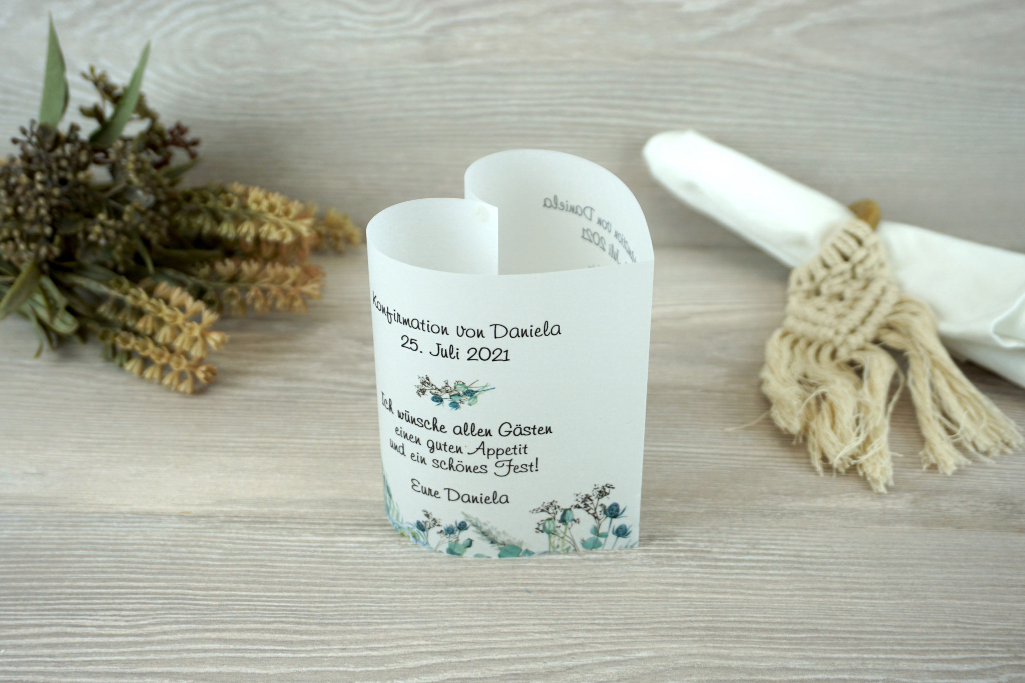 Menükarte Herzform 10,5cm, Design Boho - Menükarte als Tischlicht/Lichthülle
