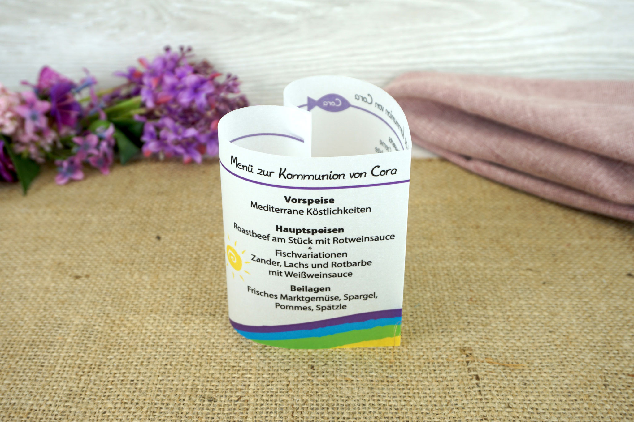 Menükarte Herzform 10,5cm, Design Regenbogen/Vögelchen - Lila
