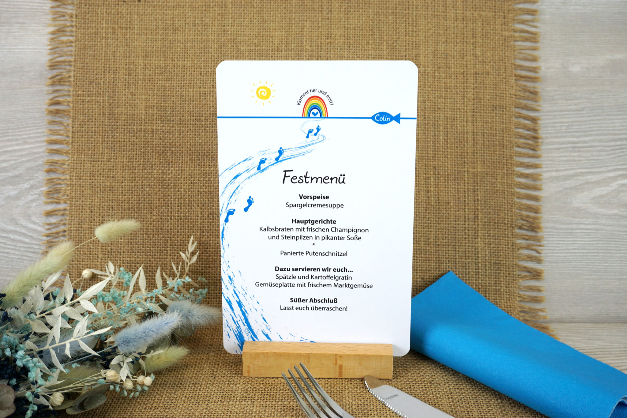 Menükarte/Tischaufsteller runde Ecken - Design Kommt her und esst/Regenbogen - Blau