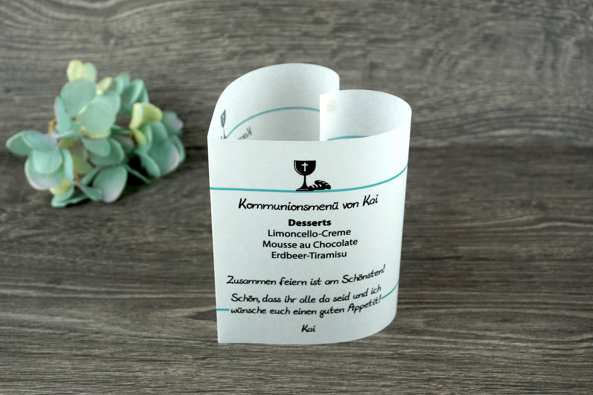 Menükarte Design Kelch/Brot, Farbe Türkis 