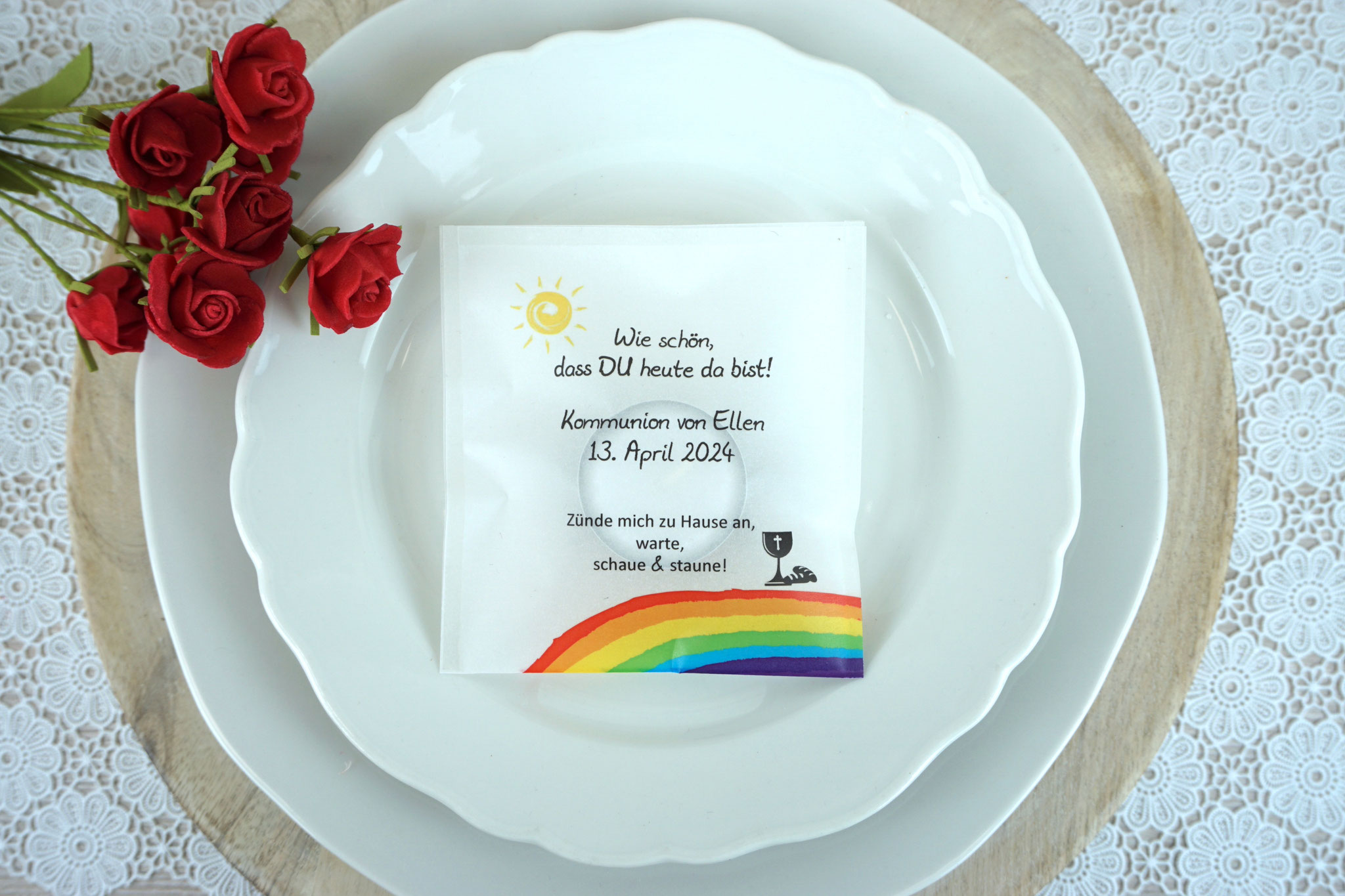 Lichtbotschaft Design: Regenbogen Rot mit Brot/Kelch