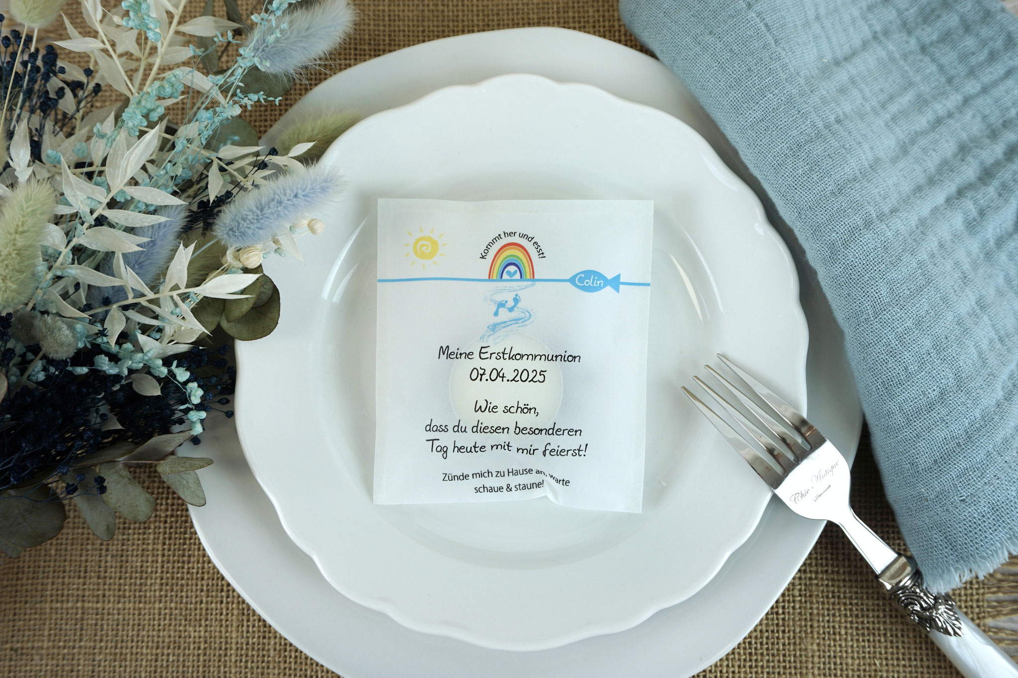 Licht-Botschaft  Design: Kommt her und esst/Regenbogen Aqua - Kommunionsthema 2025