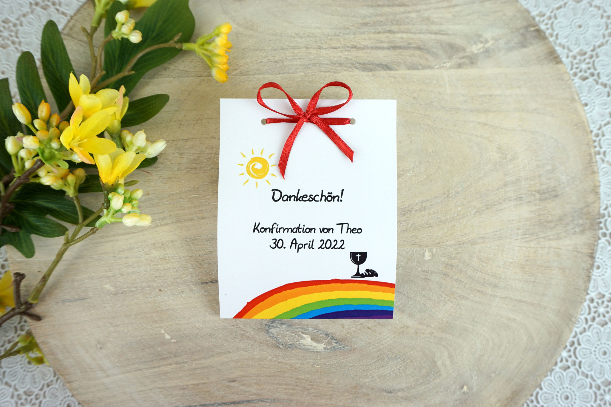 Fruchtgummikarte Design Regenbogen Rot Brot/Kelch - Satinband Rot