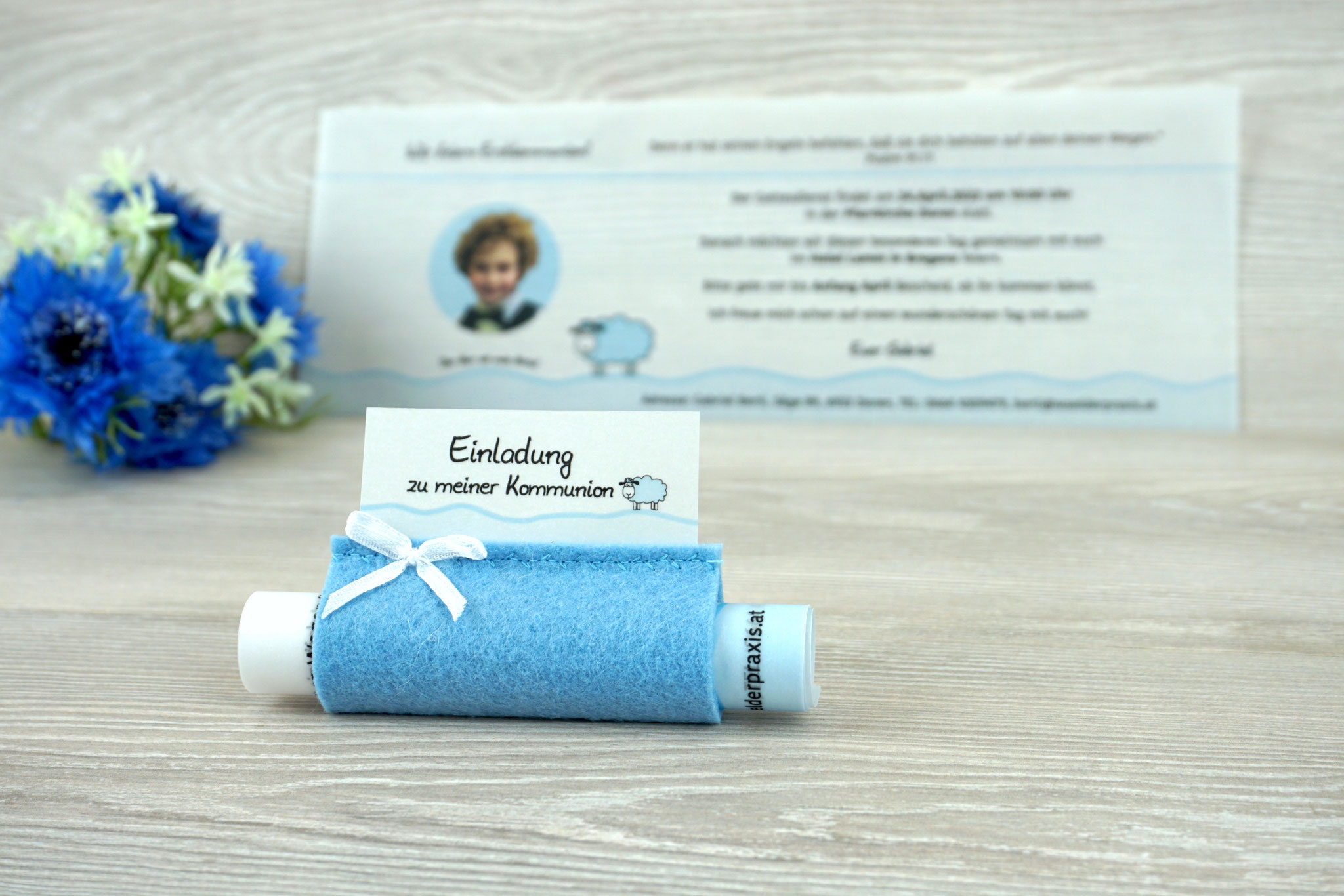 Design Schaf Babyblau - mit Bild & Schleife