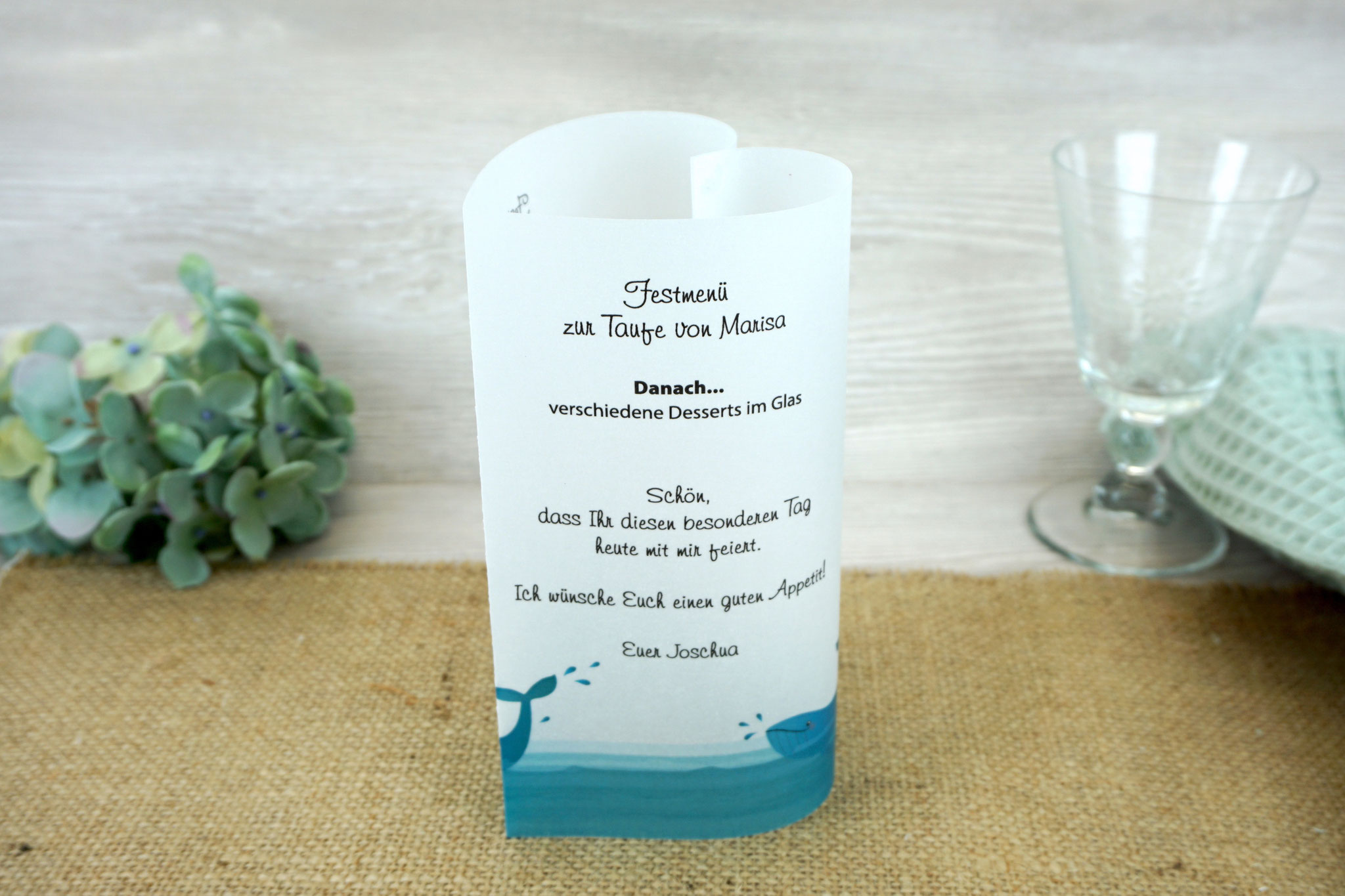 Menükarte Taufe 17cm, Design Wal Türkis - Schrift Freehand591 BT
