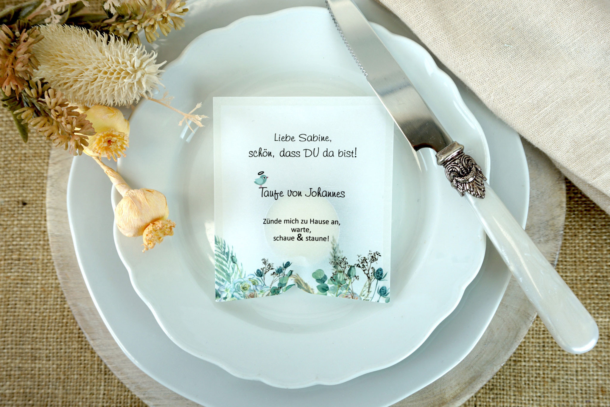 Lichtbotschaft als Platzkarte Design "Boho", Schrift Freehand591 BT