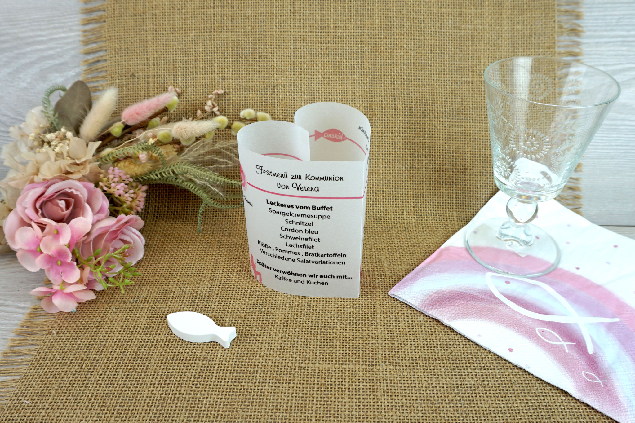 Menükarte Herzform 10,5cm, Design Ihr seid meine Freunde - Rosa
