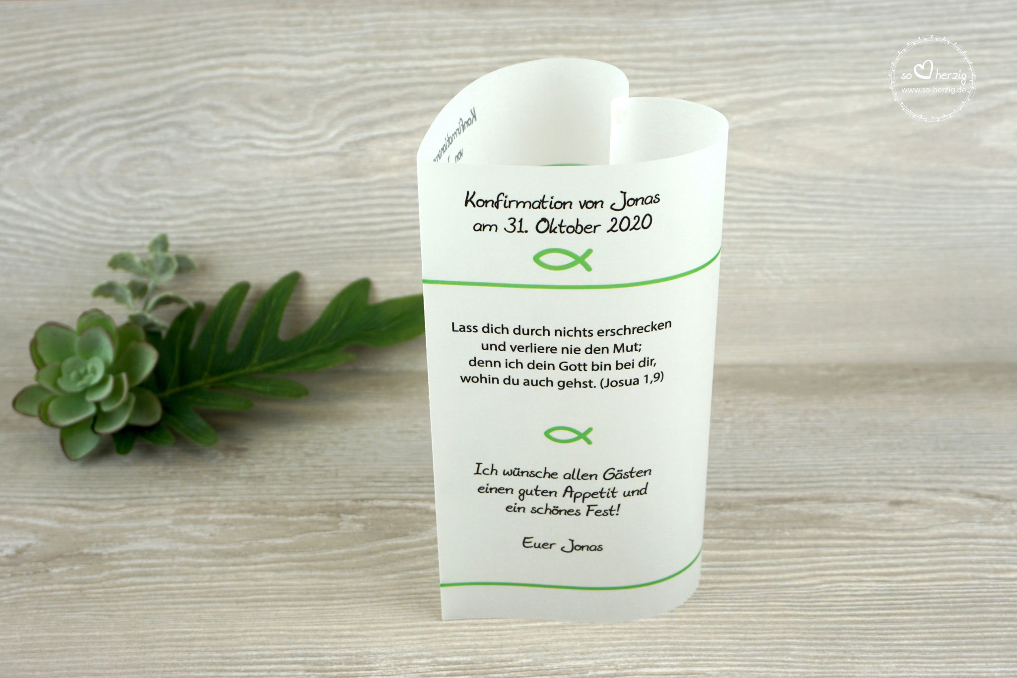  Menükarte Herzform 17cm, Design "Fisch Silhouette", Farbe Apfelgrün- Sonderanfertigung schlichtes Design