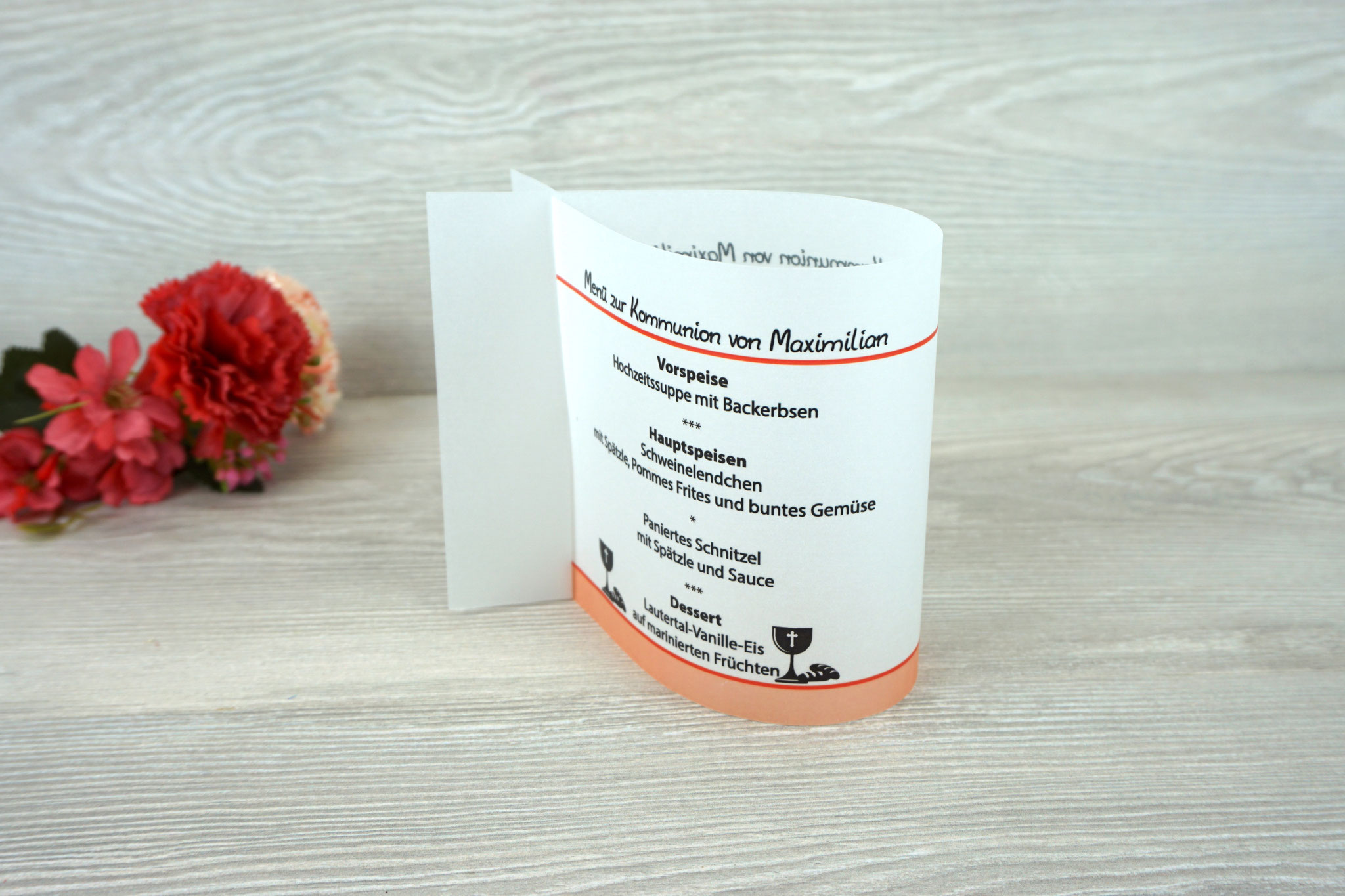 Menükarte Fischform 10,5cm, Design Kelch/Brot Orange