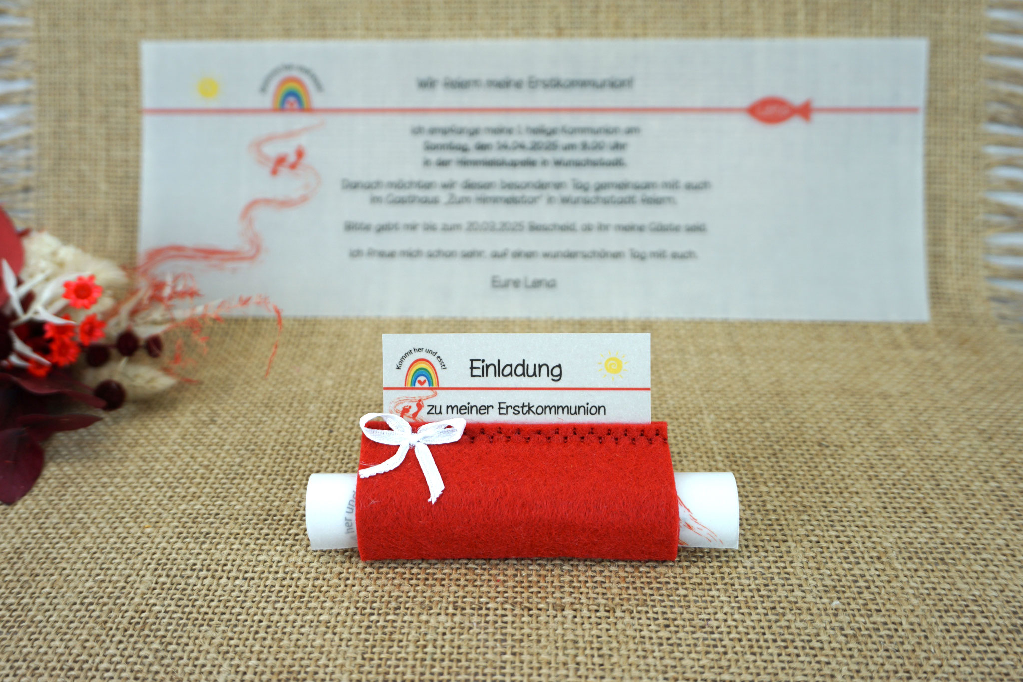 Design Kommt her und esst/Regenbogen - Filz Rot - mit Schleife