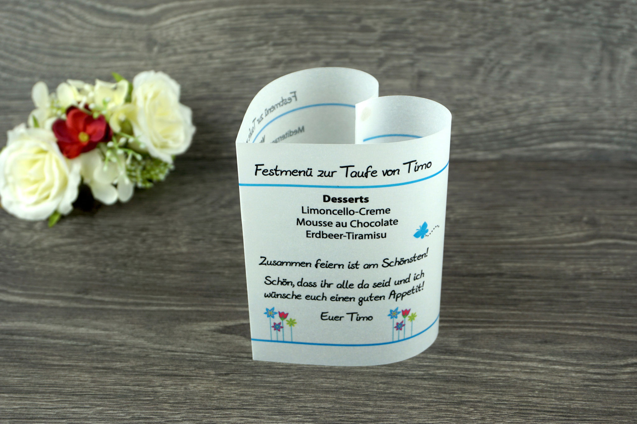 Menükarte Taufe 10,5cm, Design Blumenwiese, Farbe Blau