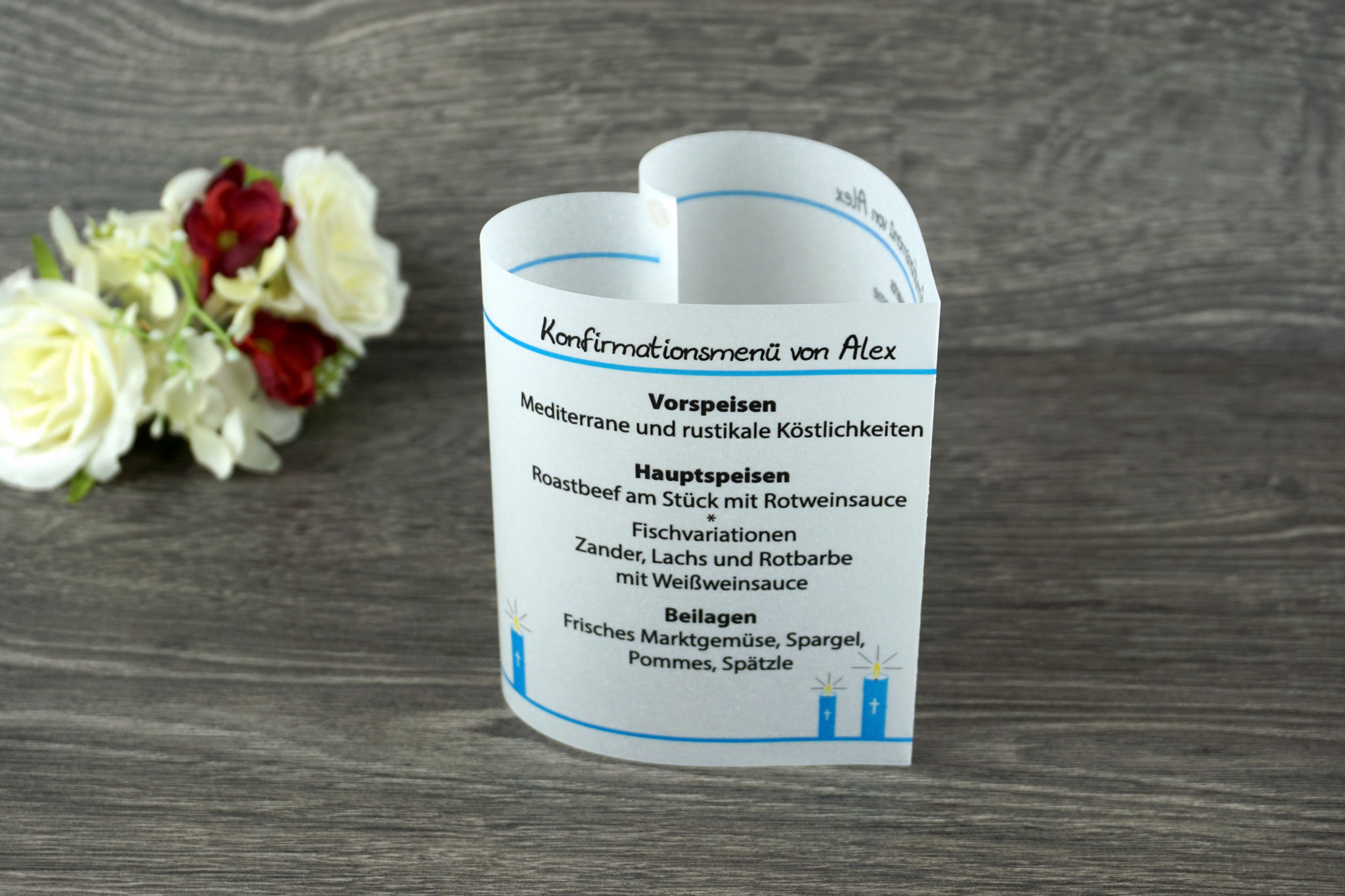  Menükarte Herzform Design Kerzen, Farbe Aqua