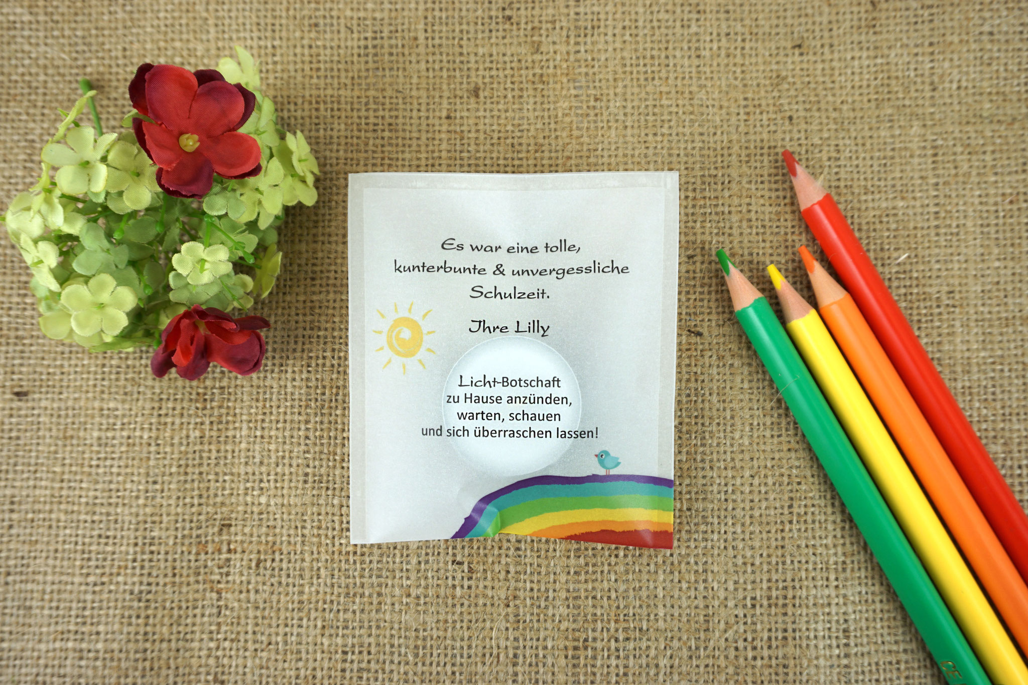 Licht-Botschaft Design Regenbogen Türkis - mit Vögelchen- Abschluss Grundschule
