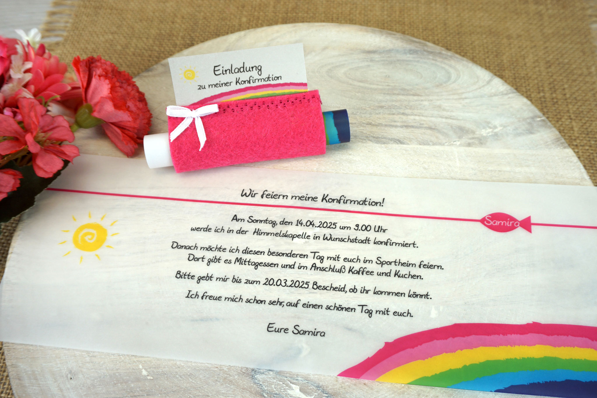 Design Regenbogen - Filz Pink - mit Schleife - Beispiel Innentext