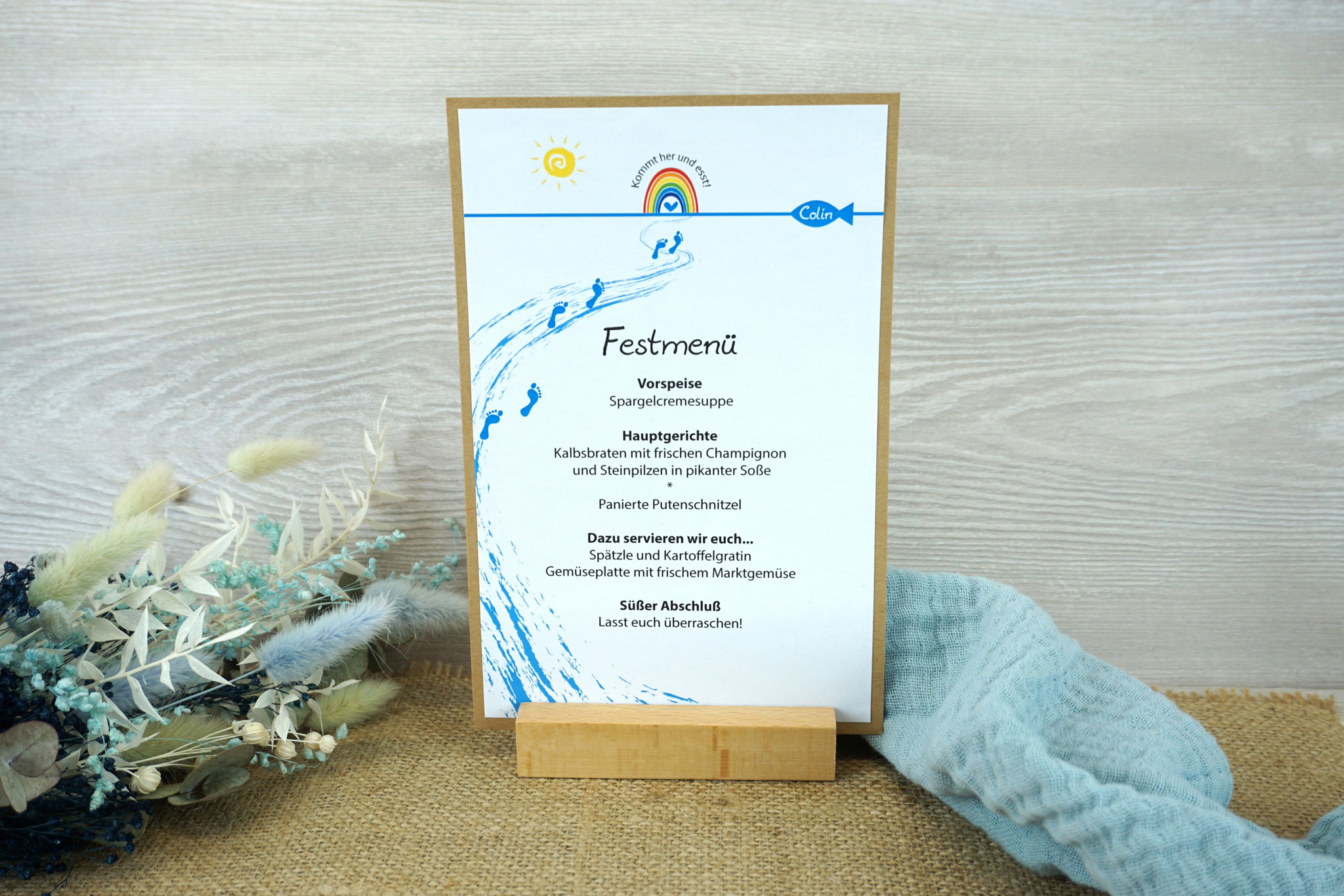 Menükarte/Tischaufsteller Kraftkarton - Design Kommt her und esst/Regenbogen - Blau