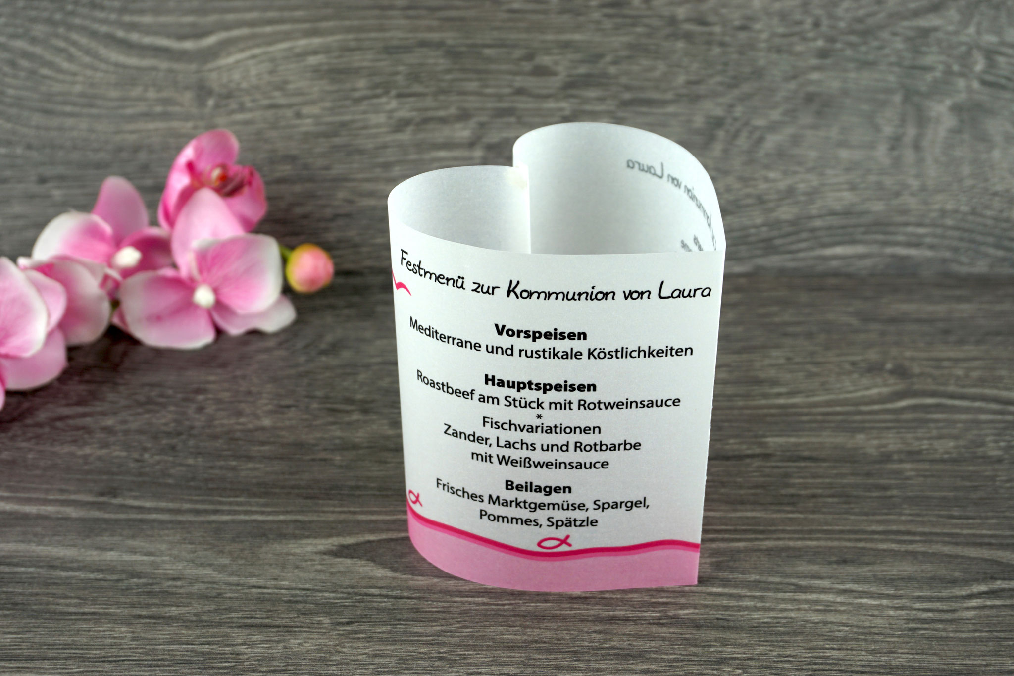 Menükarte Herzform 10,5cm, Design Fisch Silhouette Pink