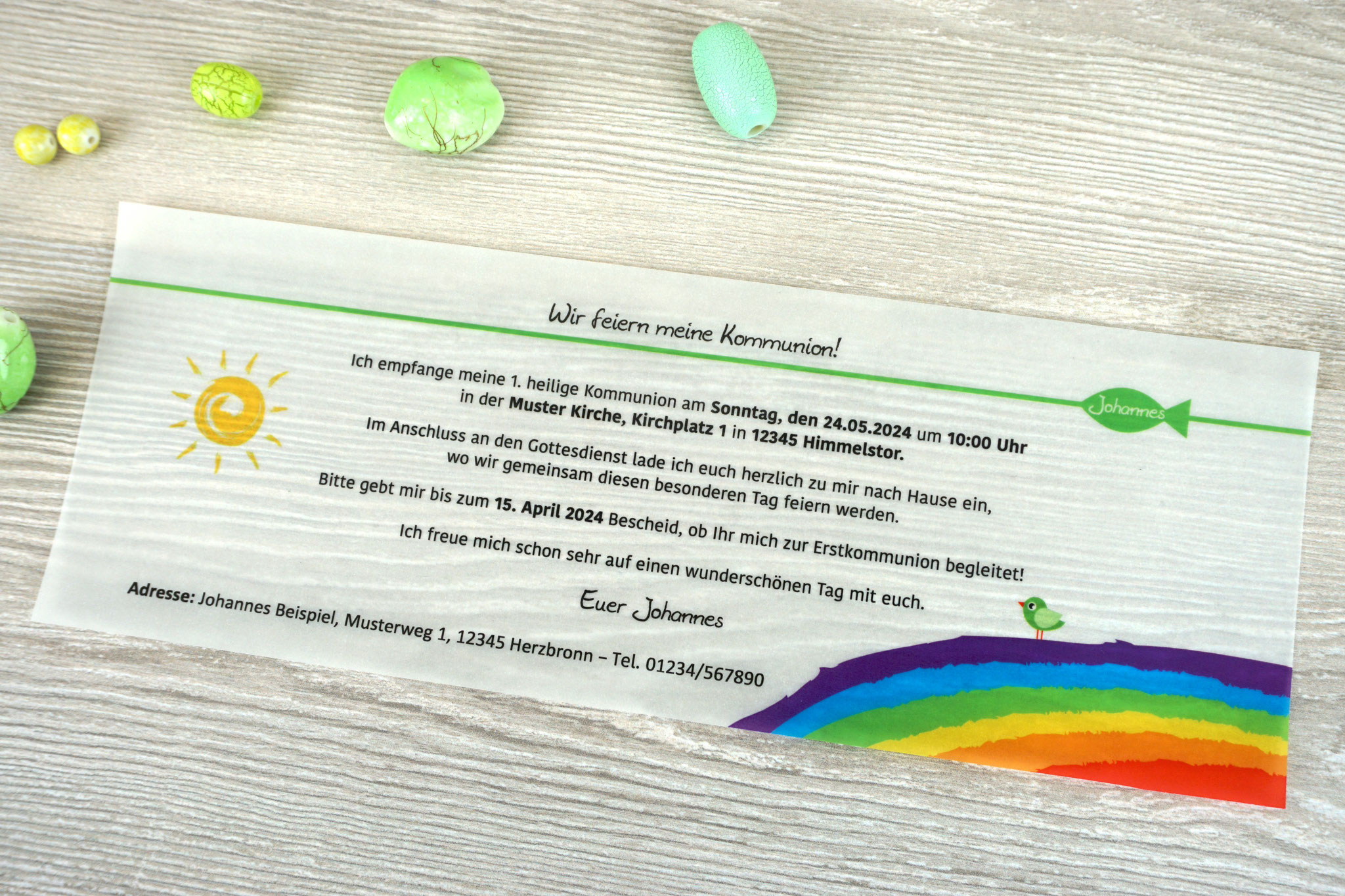 Design Regenbogen Filz Apfelgrün - mit Vögelchen - Textbeispiel