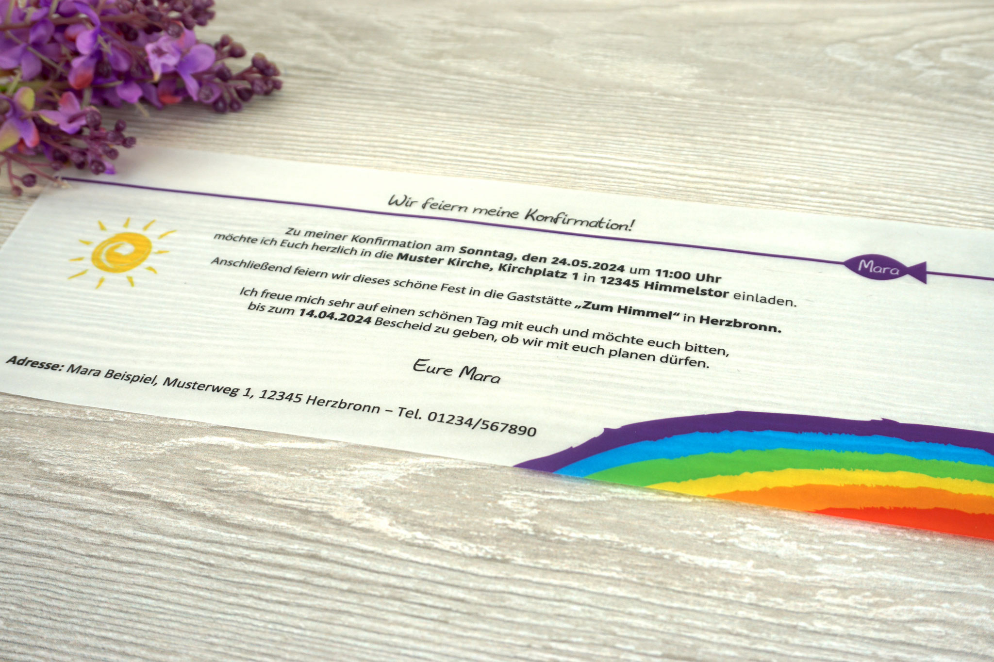 Design Regenbogen Filz Lila - ohne Vögelchen - Textbeispiel