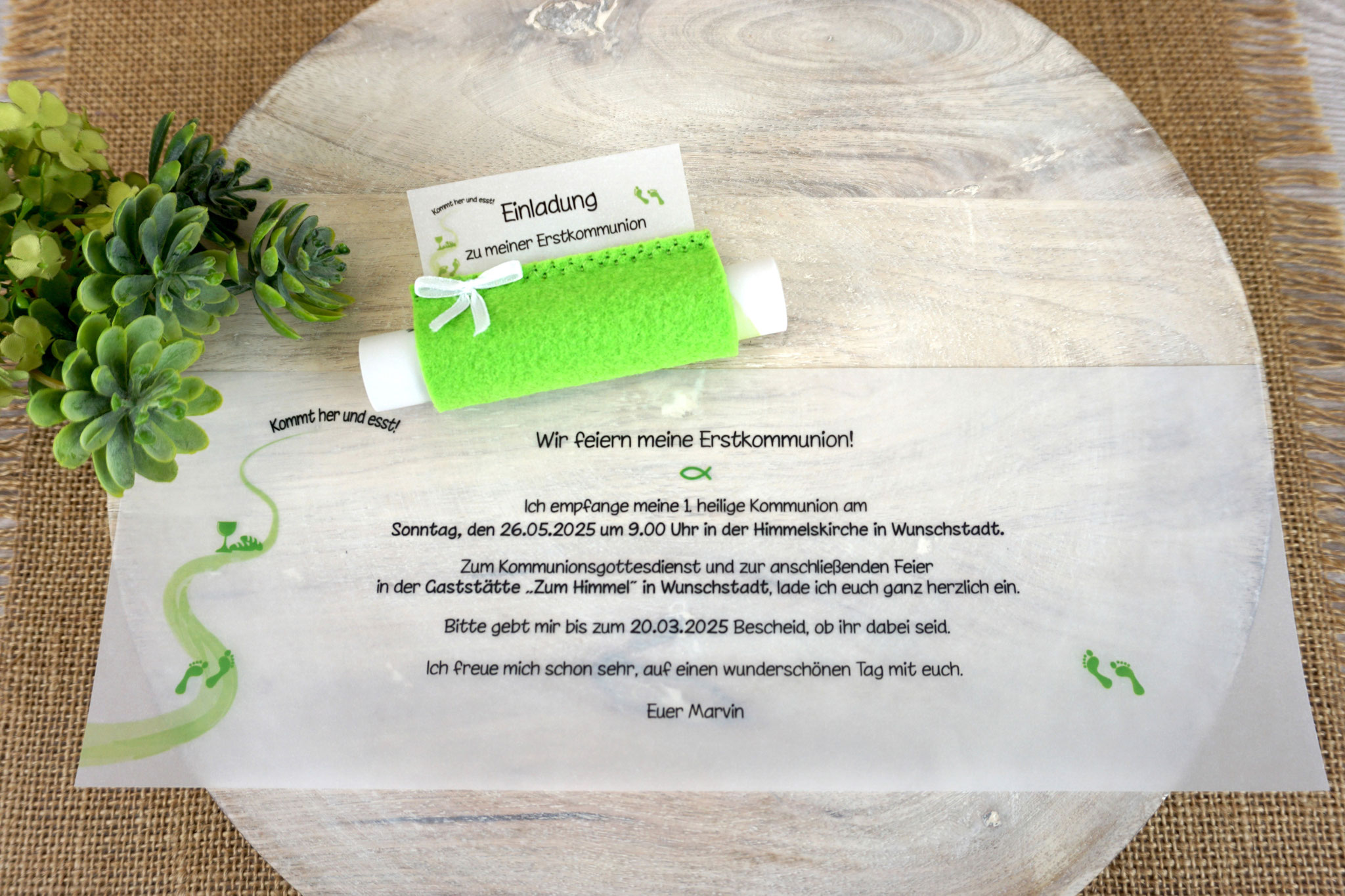 Design Kommt her und esst/Weg - Filz Apfelgrün - Beispiel Innentext