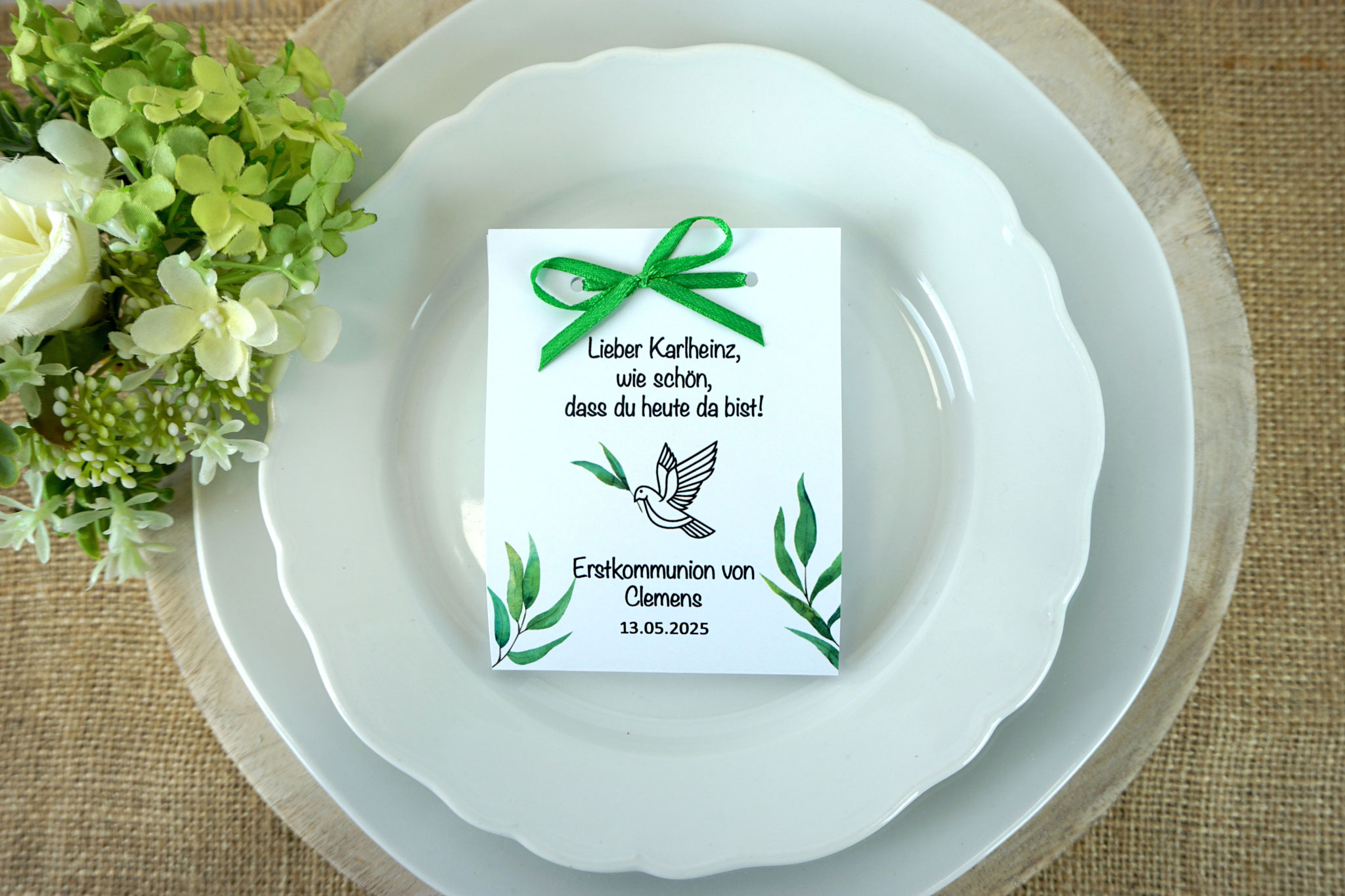 Fruchtgummikarte Design Taube/Eukalyptus - als Platzkarte