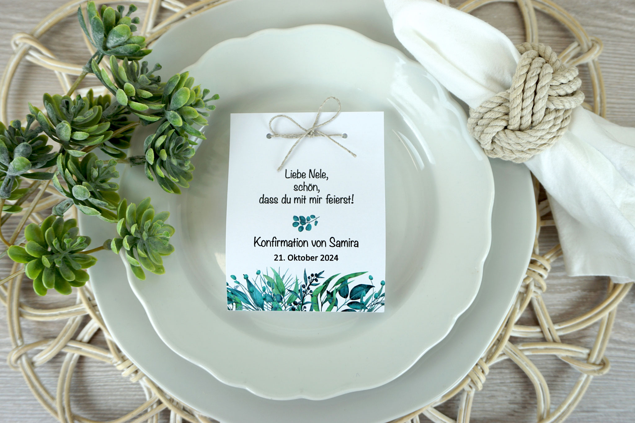 Fruchtgummikarte Design Eukalyptus-Liebe - Leinenzwirn Natur
