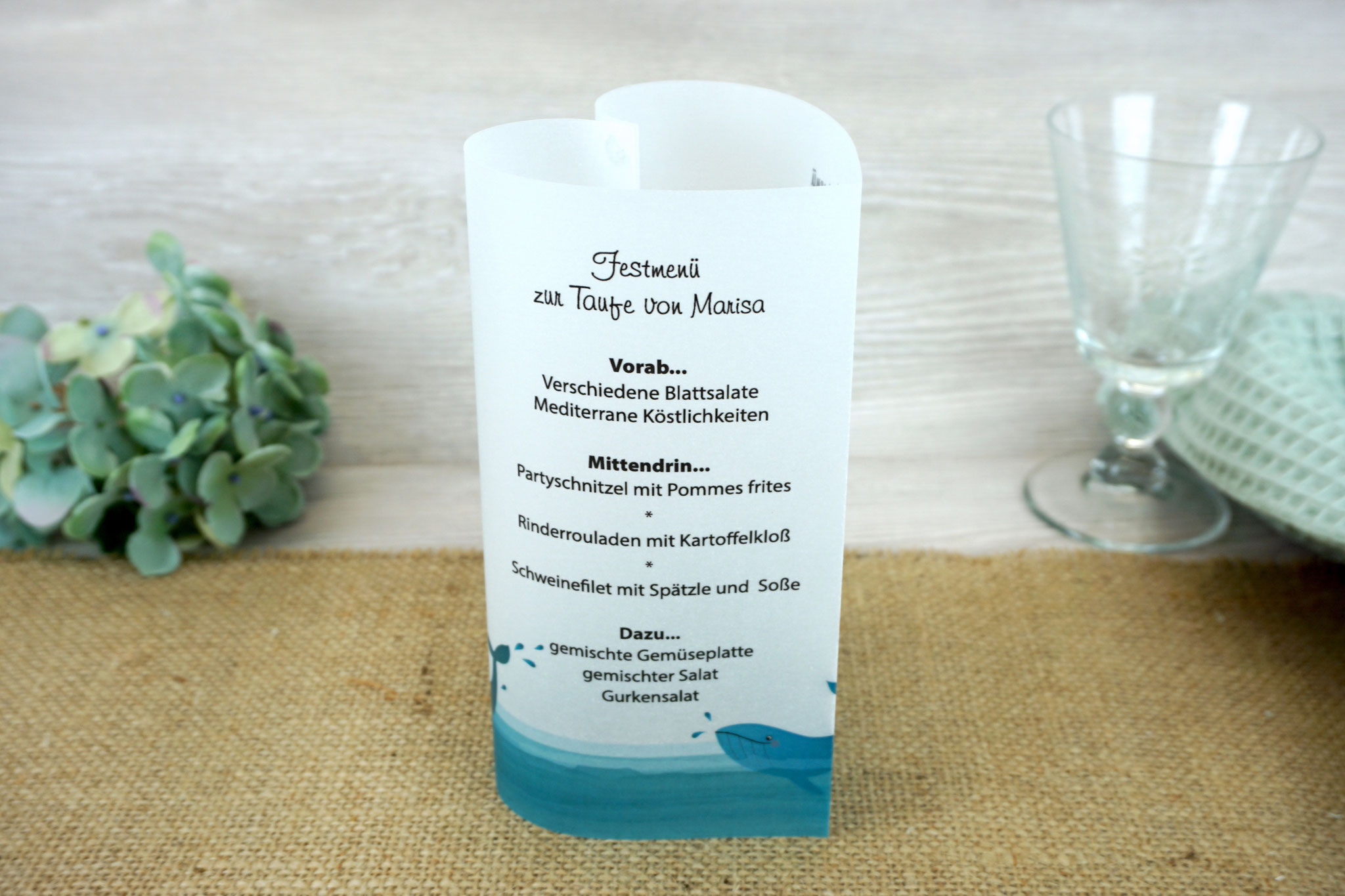 Menükarte Taufe 17cm, Design Wal Türkis - Schrift Freehand591 BT