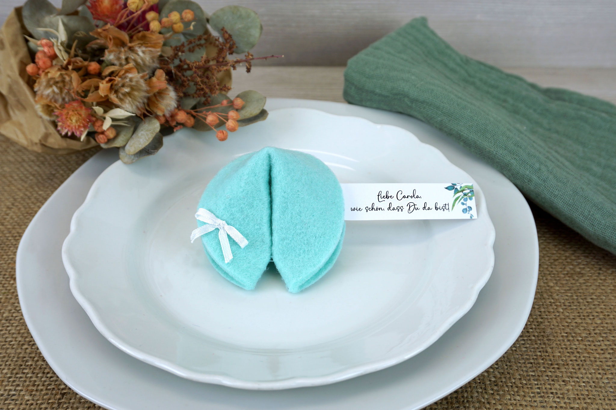 Filzkeks klein Mint, Fähnchen Design Eukalyptus-Liebe