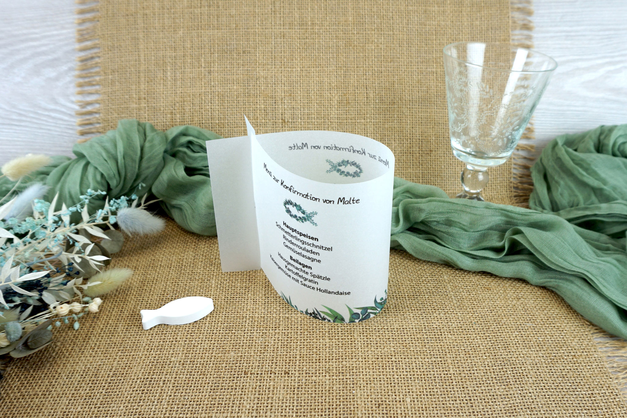Menükarte in Fischform 10,5cm - Design "Eukalyptus-Fisch"