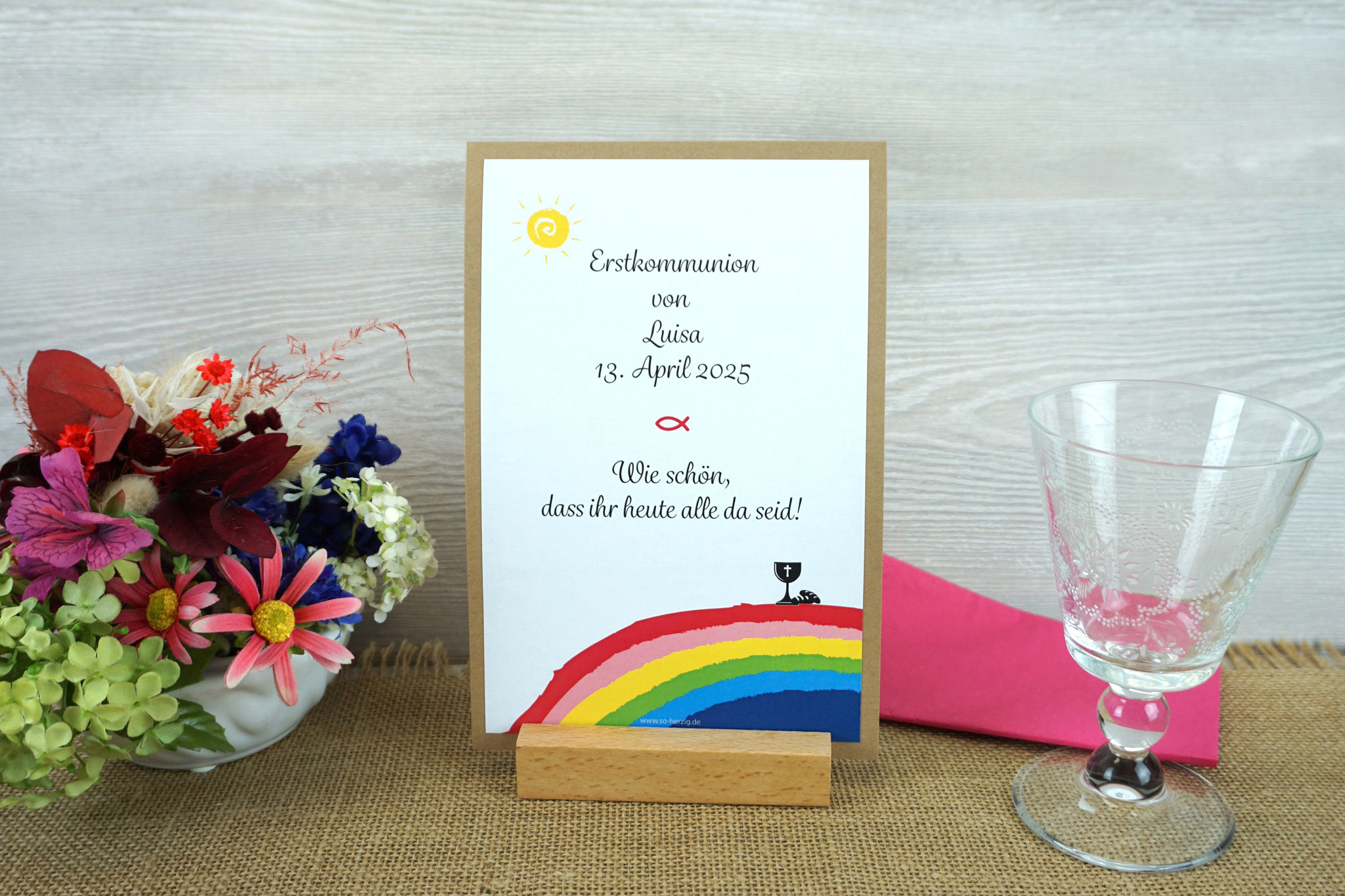 Menükarte/Tischaufsteller - Design Regenbogen Kelch/Brot - Pink