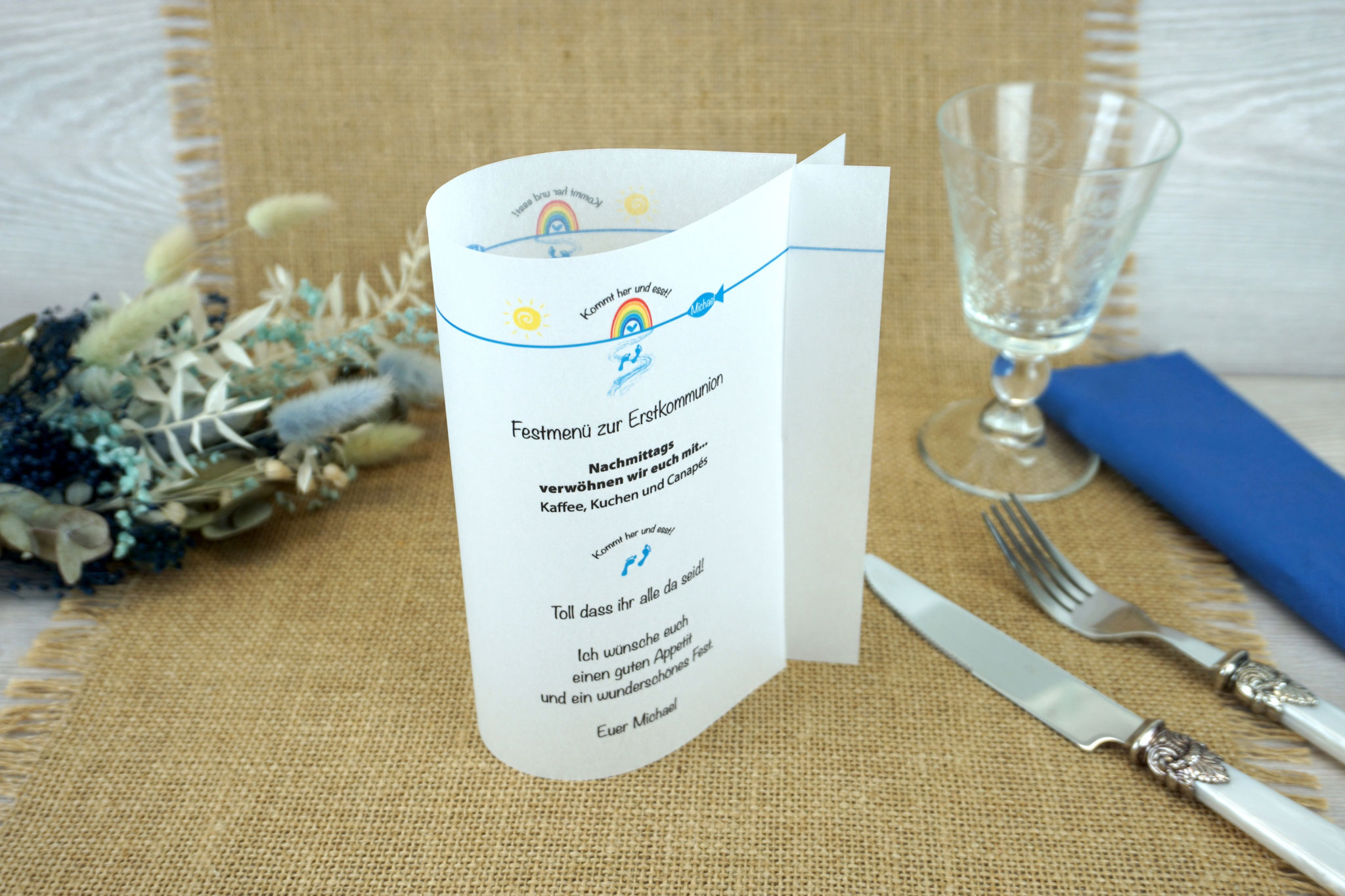 Menükarte Fischform 17cm, Design KommtHerUndEsst/Regenbogen - Blau