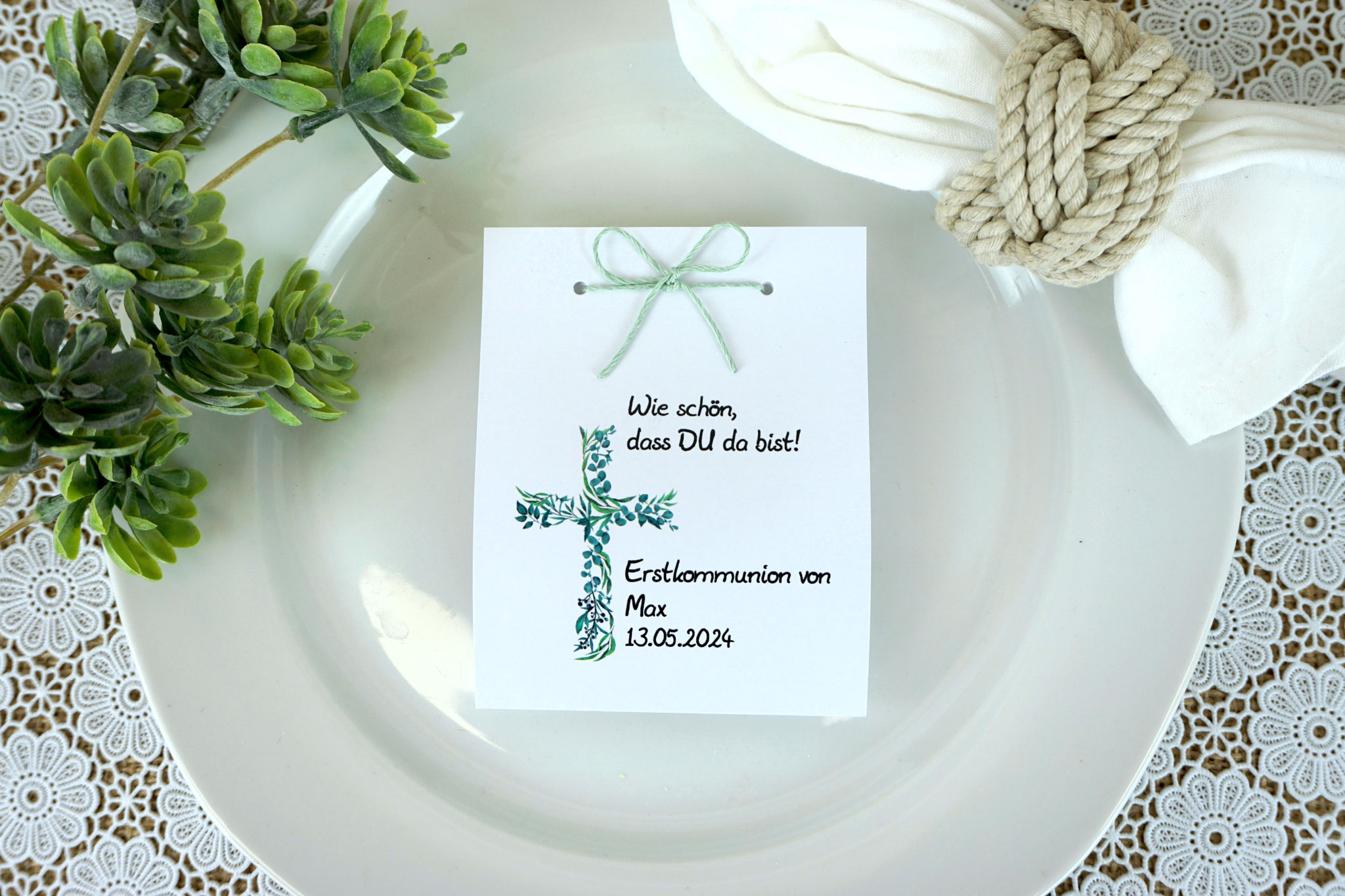 Fruchtgummikarte Design Eukalyptus-Kreuz - Leinenzwirn Mint