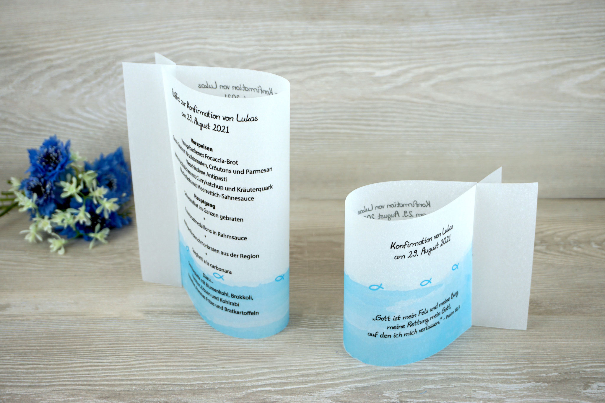 Menükarte Fischform 17cm & Platzkarte Fischform, Design Aquarellband/Fische - Hellblau