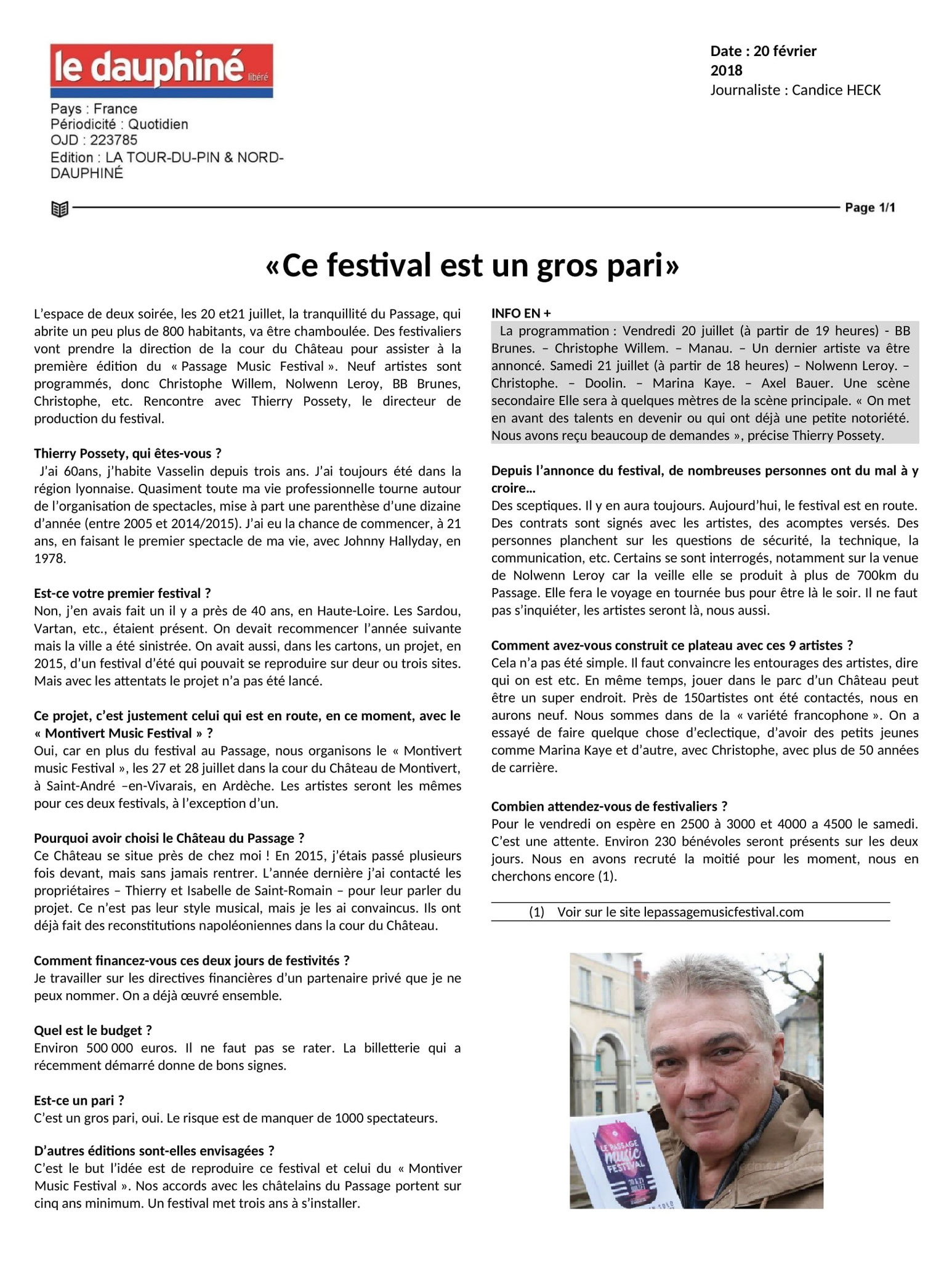 Ce festival est un gros pari - 20.02.18