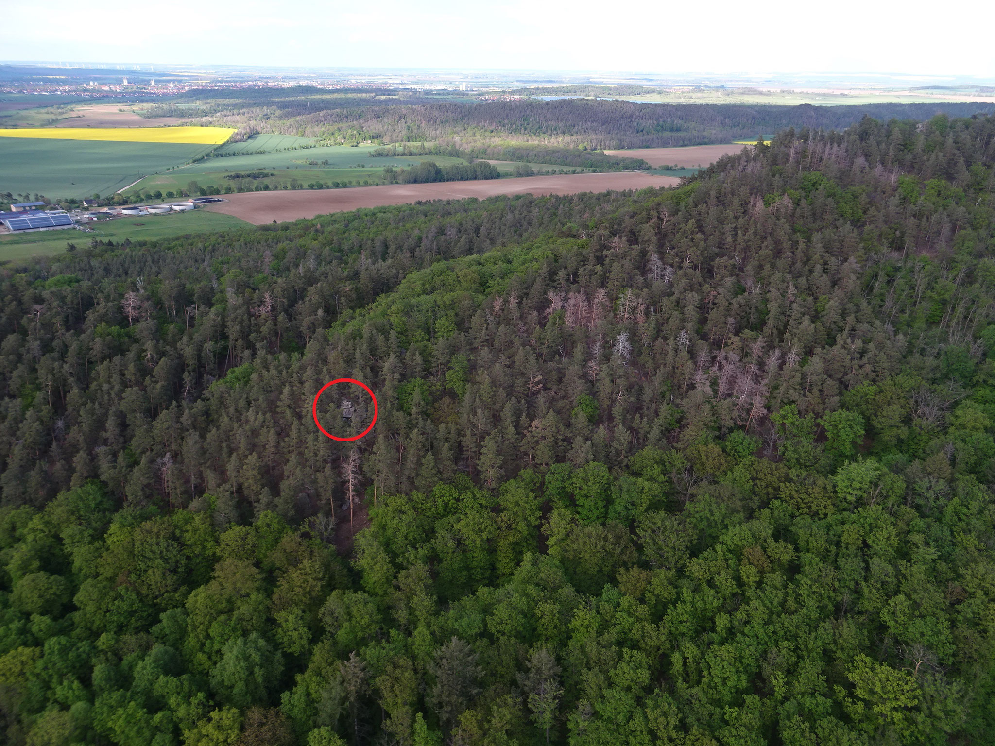 Blick von Süden auf den Felsen, er ist kaum zu erkennen.