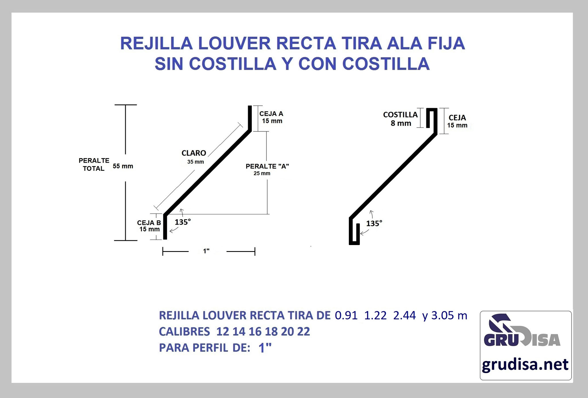 REJILLA LOUVER (TIRA) RECTA PARA PERFIL DE 1" GruDisA