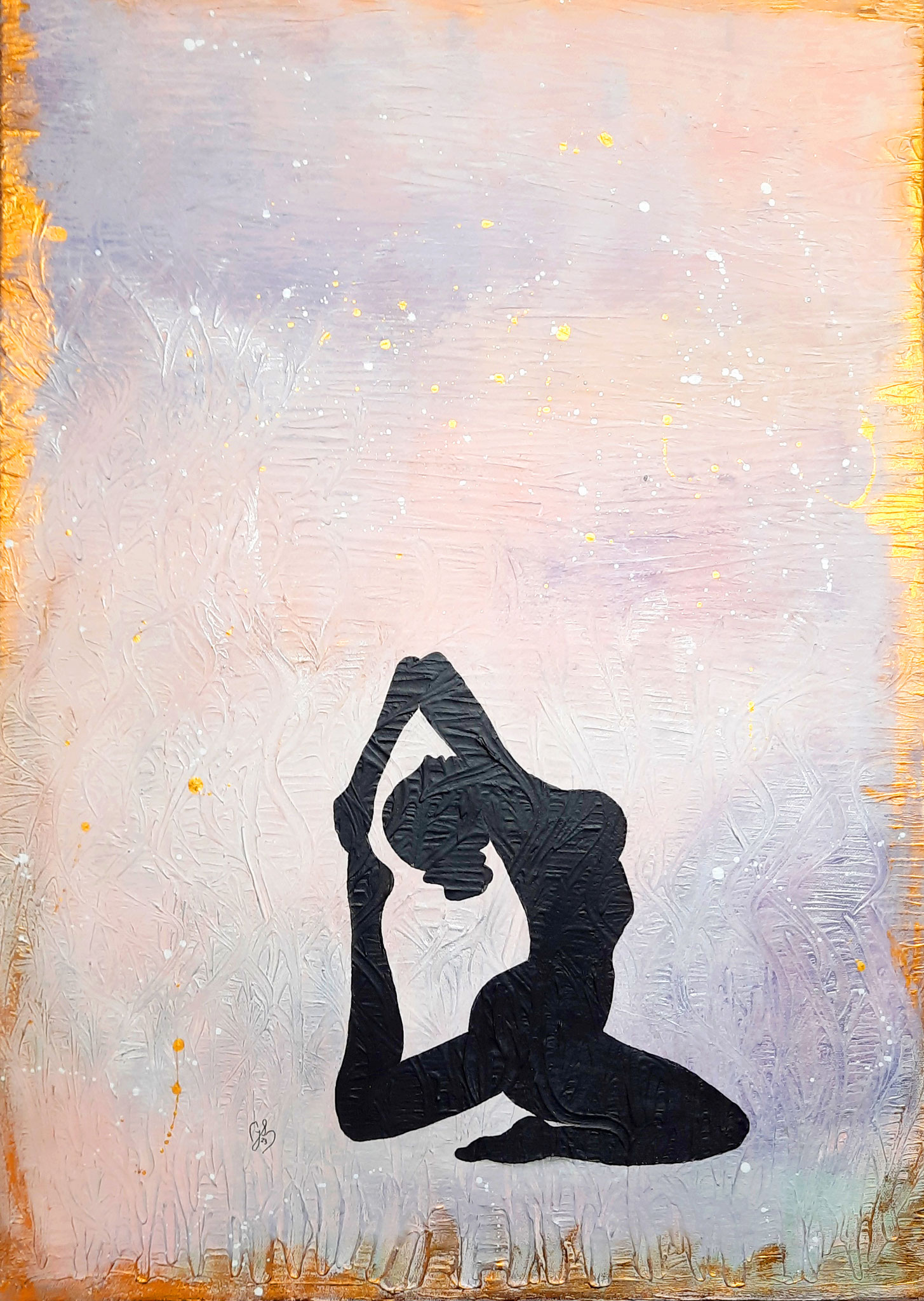 Titel: "Königstaube (Yoga)"; Technik: Spachteltechnik, Acryl, Acryl-Tinte; Marker-Pen; Leinwand; 70 x 50 cm