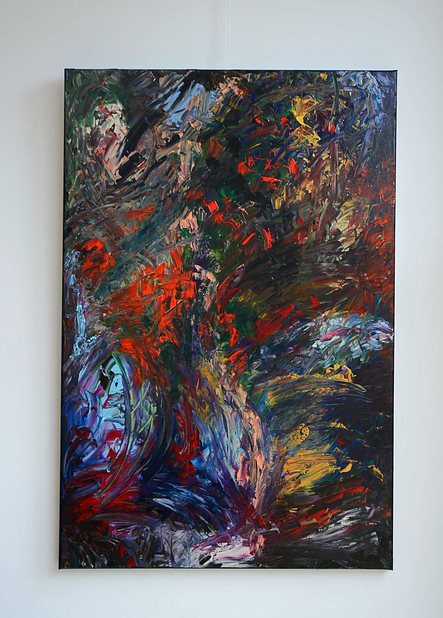 Titel: Into the woods, 80 x 120 cm, Acryl, Maart 2018. Prijs € 700,=