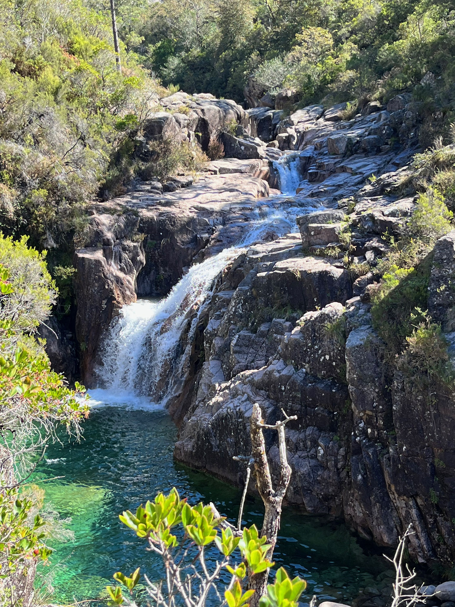 Dann folgt eine Abfahrt im Wald bis zum Rio Homem. Hier hat es eine Brücke über eine kleine Schlucht, wo das Wasser in einem Wasserfall über die Felsen sprudelt.