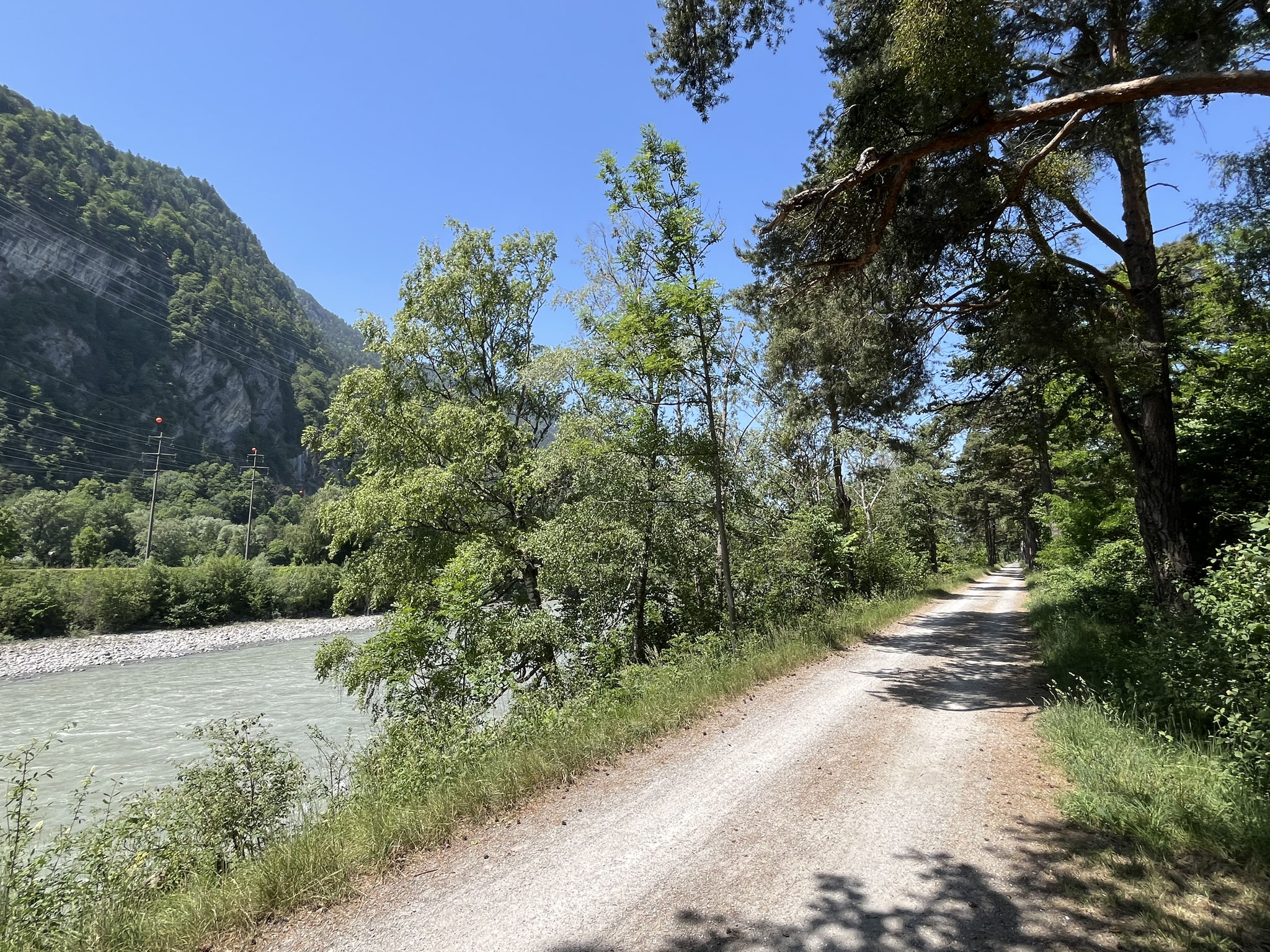 Die letzten Kilometer bis Maienfeld pedalen wir auf dem Rheindamm und machen noch eine längere Pause auf einer Bank an einem schattigen Plätzchen.