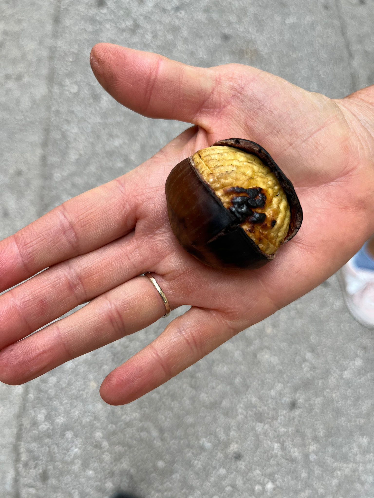 ... wo wir diese grossen, feinen und heissen Marroni für 80Rp. das Stück kaufen.